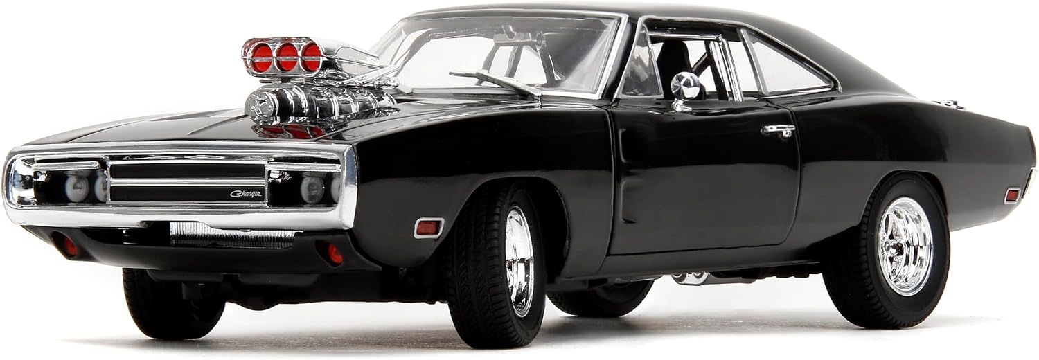 Jada Dodge Charger R/T 1970 TrueSpec 1:24 negro, con supercargador, apertura total y faros delanteros abatibles.