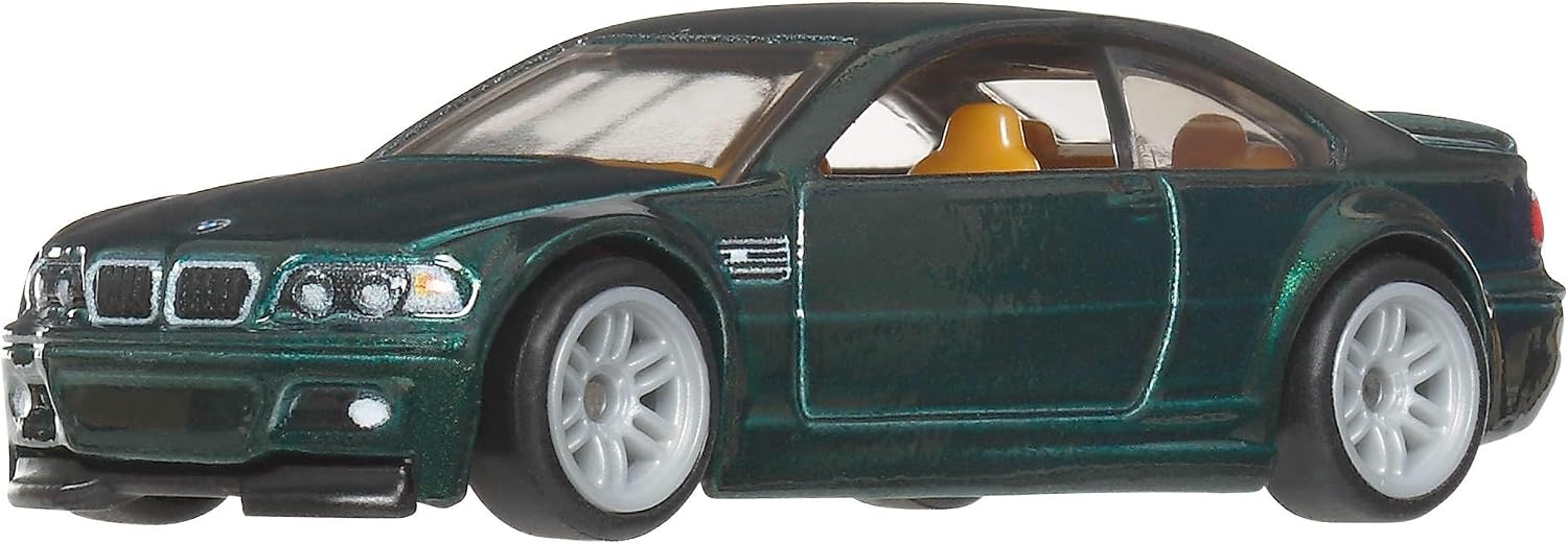 Hot Wheels Premium BMW M3 E46 escala 1:64 color verde metálico con construcción Metal/Metal, interior camel y llantas Real Riders.