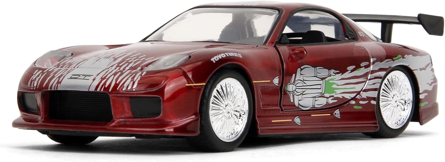 Mazda RX-7 Dom Jada 1:32 rojo vino con alerón grande, puertas abatibles y llantas de goma con rines cromados