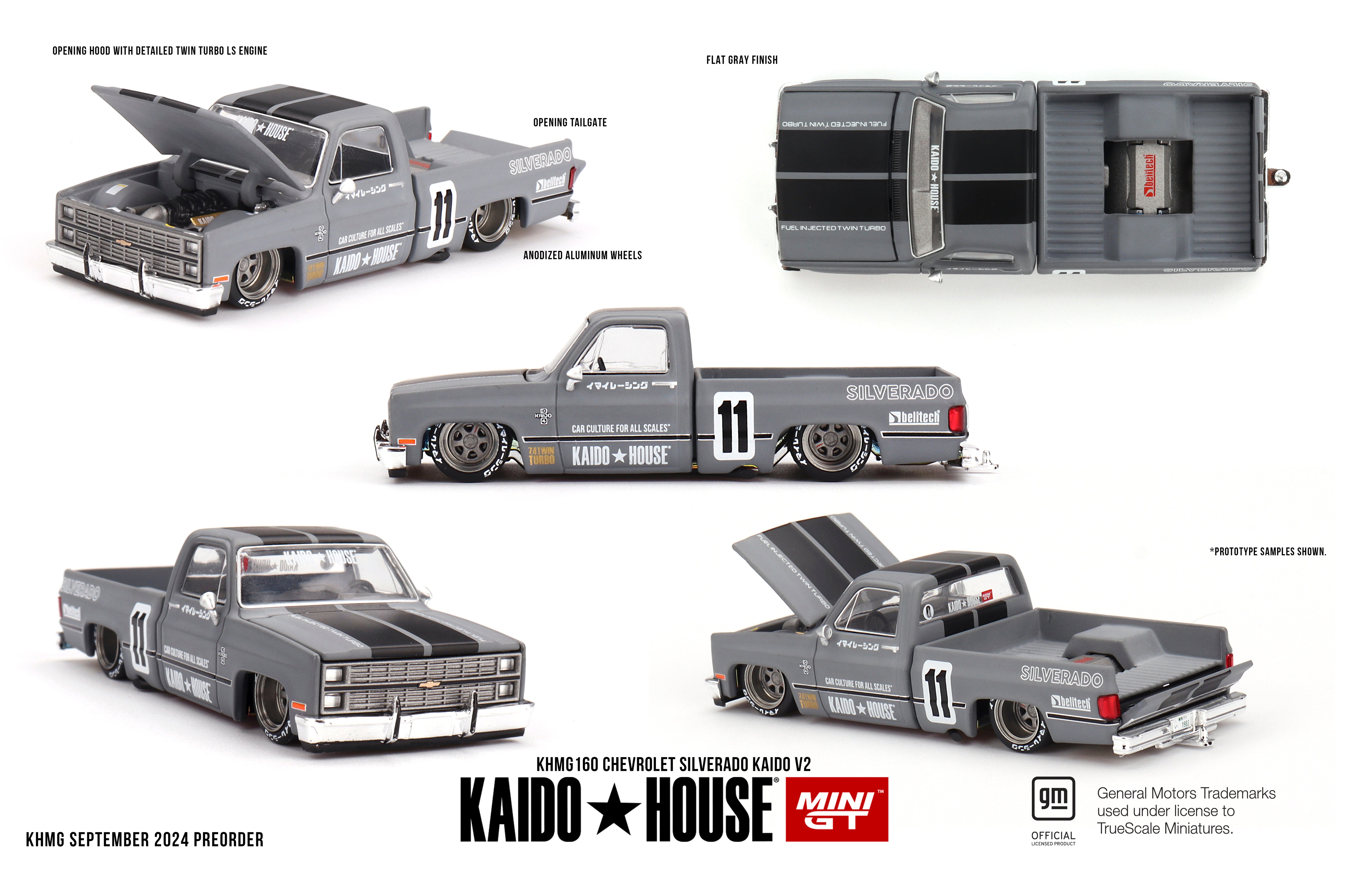 Chevrolet Silverado Kaido V2 de Kaido House x Mini GT escala 1:64 con acabado gris mate, motor LS Twin Turbo visible y llantas de goma.