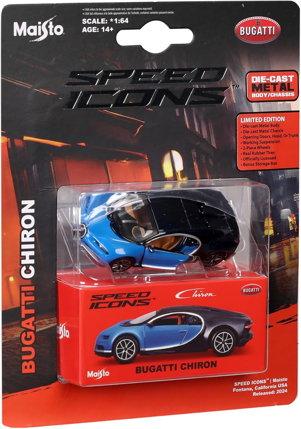 Maisto Bugatti Chiron Speed Icons 1:64 azul bitono con puertas abatibles, llantas de goma y suspensión funcional.