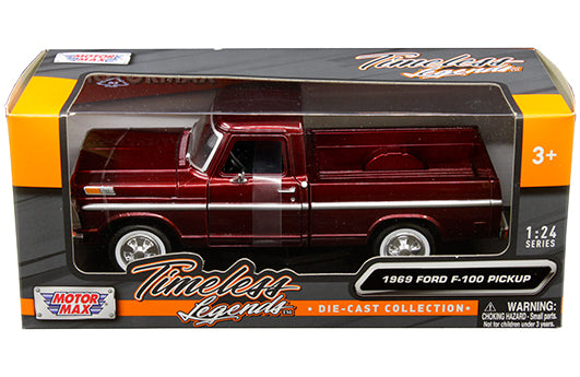 MotorMax Ford F-100 1969 1:24 rojo metálico con llantas de goma, rines clásicos y apertura de puertas y cofre.