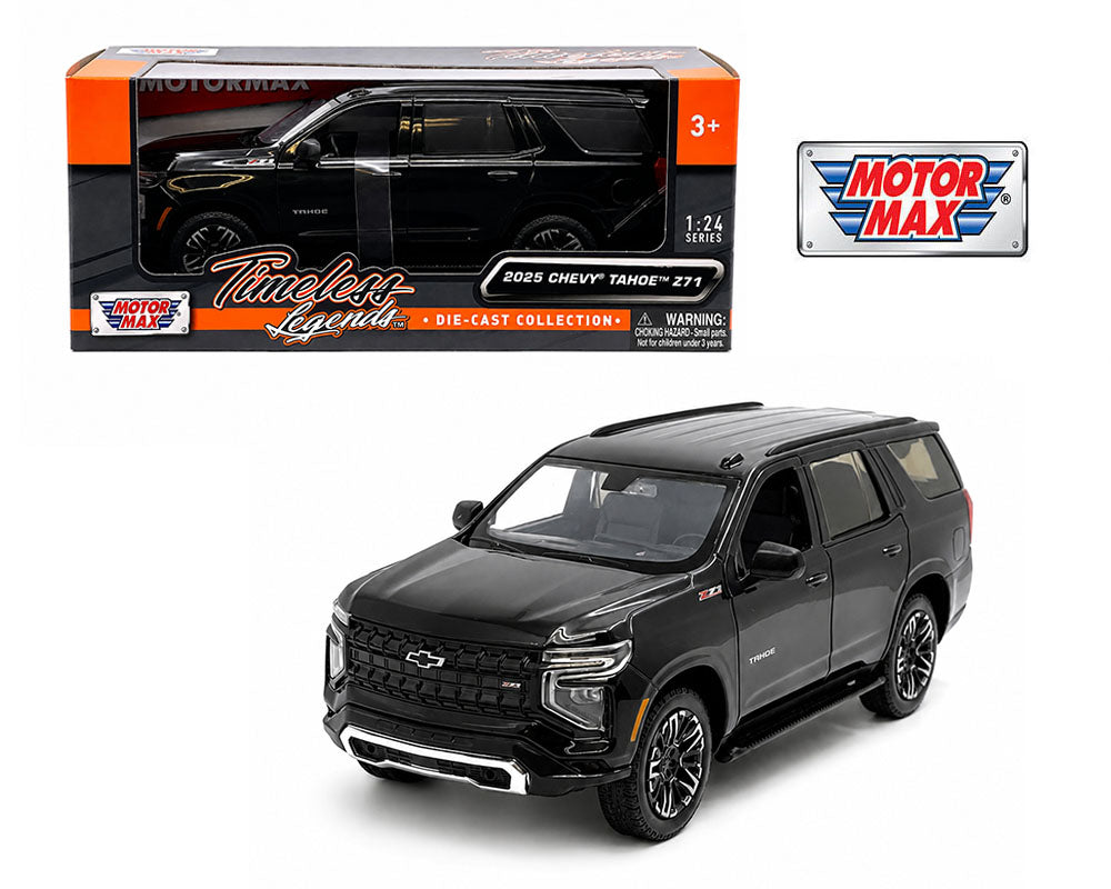 MotorMax Chevrolet Tahoe Z71 2025 1:24 negra, diecast con llantas de goma y apertura de puertas delanteras y tapa trasera.