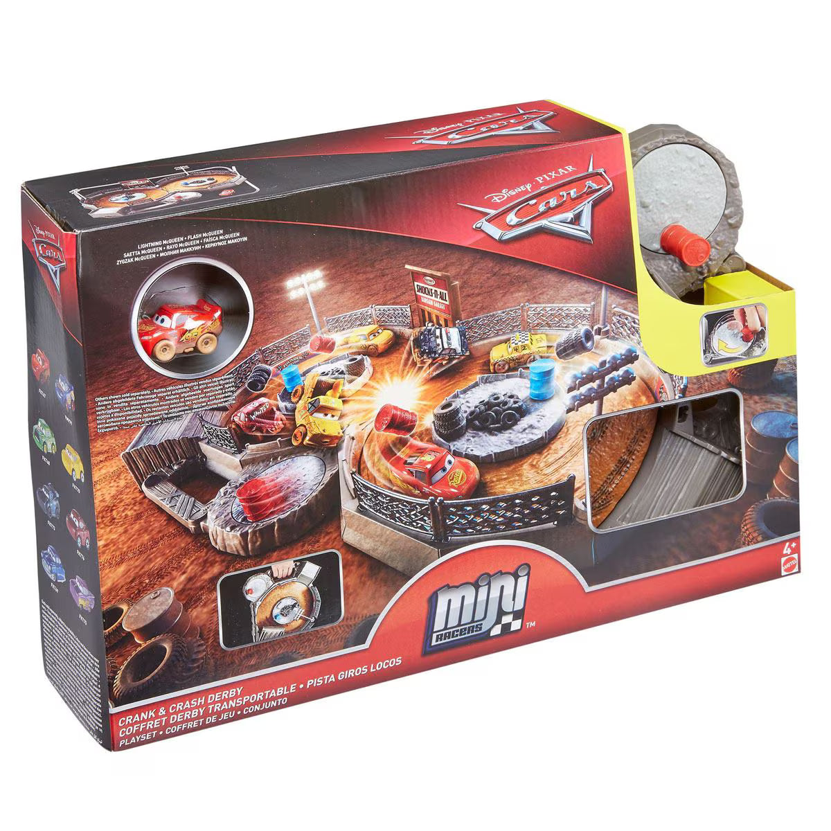 Pista Cars Mini Racers Crank & Crash Derby en caja, vista frontal.