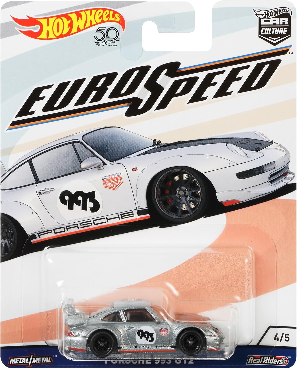 Hot Wheels Porsche 993 GT2 1:64 plata con cofre negro, construcción Metal/Metal, Real Riders y gran alerón trasero.