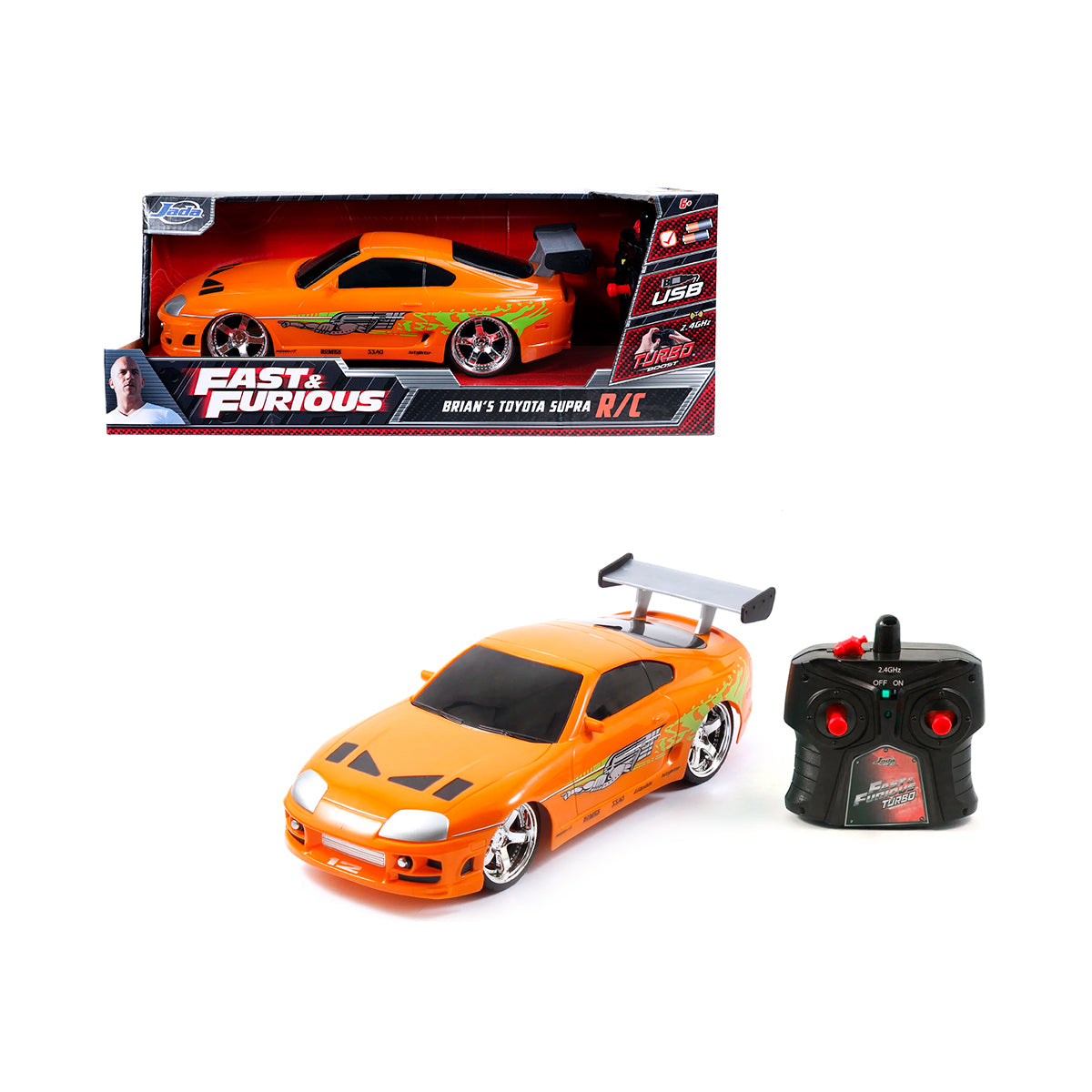 Auto a control remoto Jada Brian’s Toyota Supra R/C escala 1:16 color naranja con gráficos laterales, control 2.4 GHz y función Turbo Boost