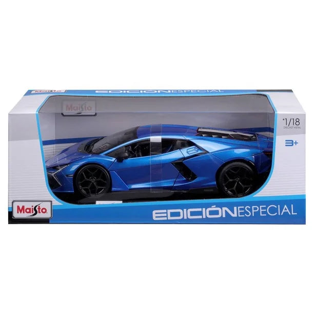 Maisto Lamborghini Revuelto 1:18 azul metálico con rines negros, puertas de tijera y compartimentos delantero y posterior abatibles