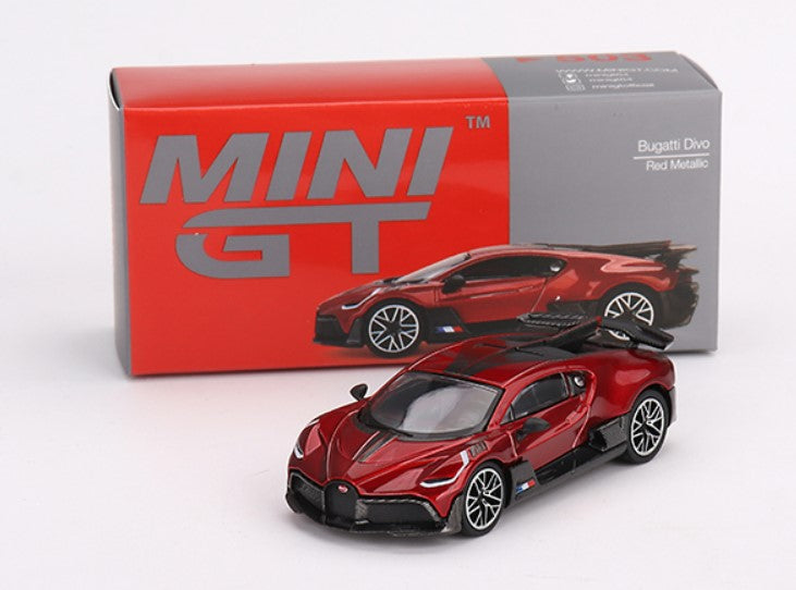 Auto a escala marca Mini GT modelo Bugatti Divo Rojo Metálico