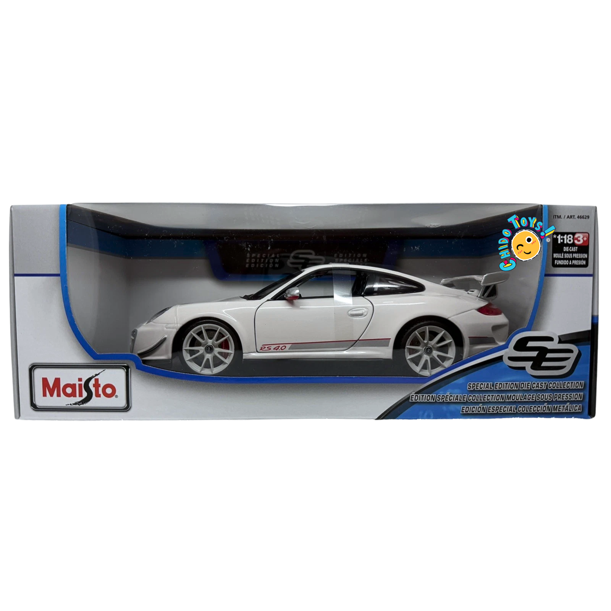 Maisto Porsche 911 GT3 RS 4.0 Special Edition 1:18 blanco con apertura de cofre, puertas y motor