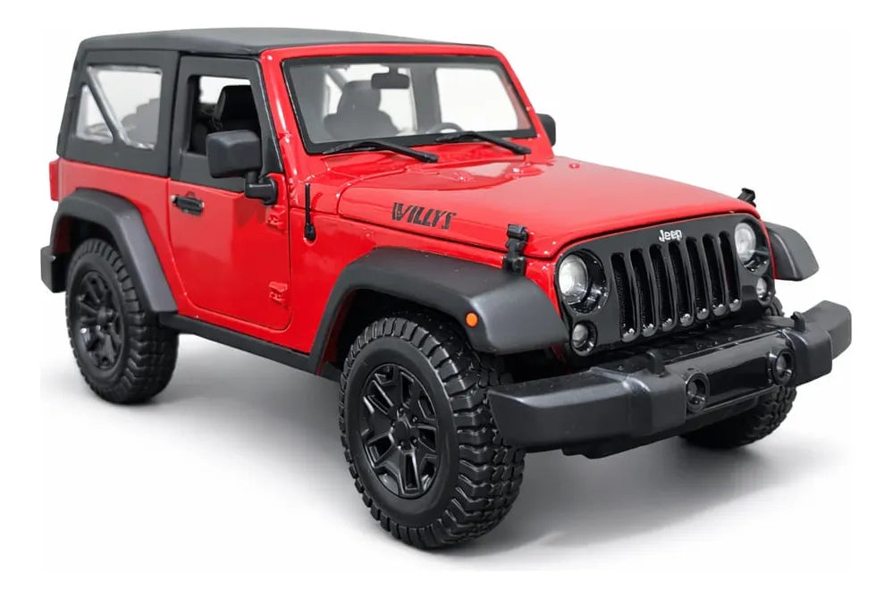 Maisto Jeep Wrangler Willys 2014 1:18 rojo y negro, diecast con llantas de goma, apertura de cofre y puertas.