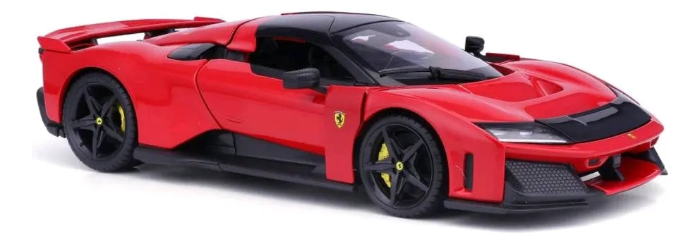 Maisto Ferrari F80 1:18 rojo, diecast con llantas de goma, puertas tipo mariposa y cofre abatibles, techo y rines negros.