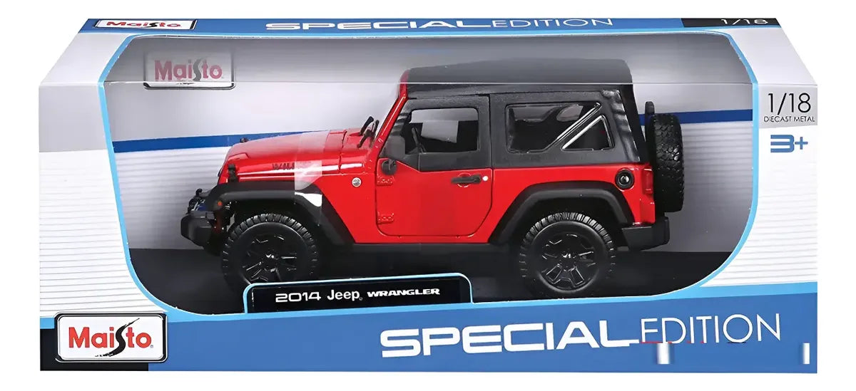 Maisto 2014 Jeep Wrangler Willys Special Edition 1:18 rojo con apertura de cofre y puertas