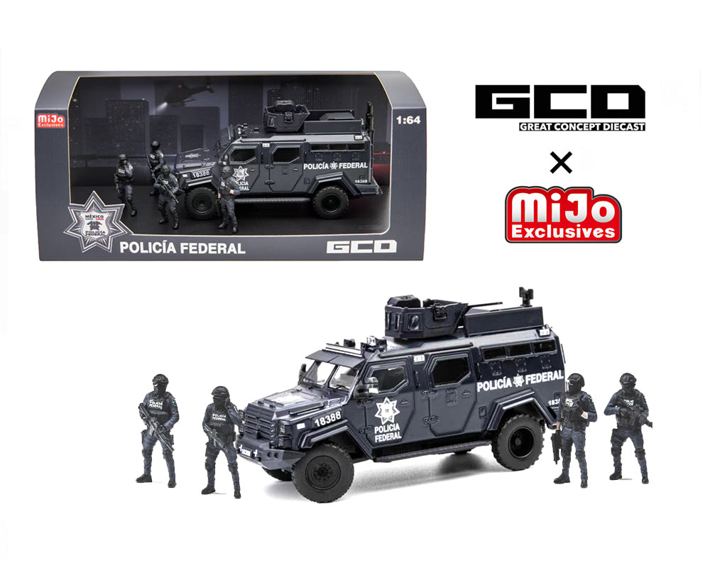 Próximo a llegar 🚗🔥 GCD 1:64 Set de diorama de vehículo blindado táctico de la Policía Federal de México con 4 figuras