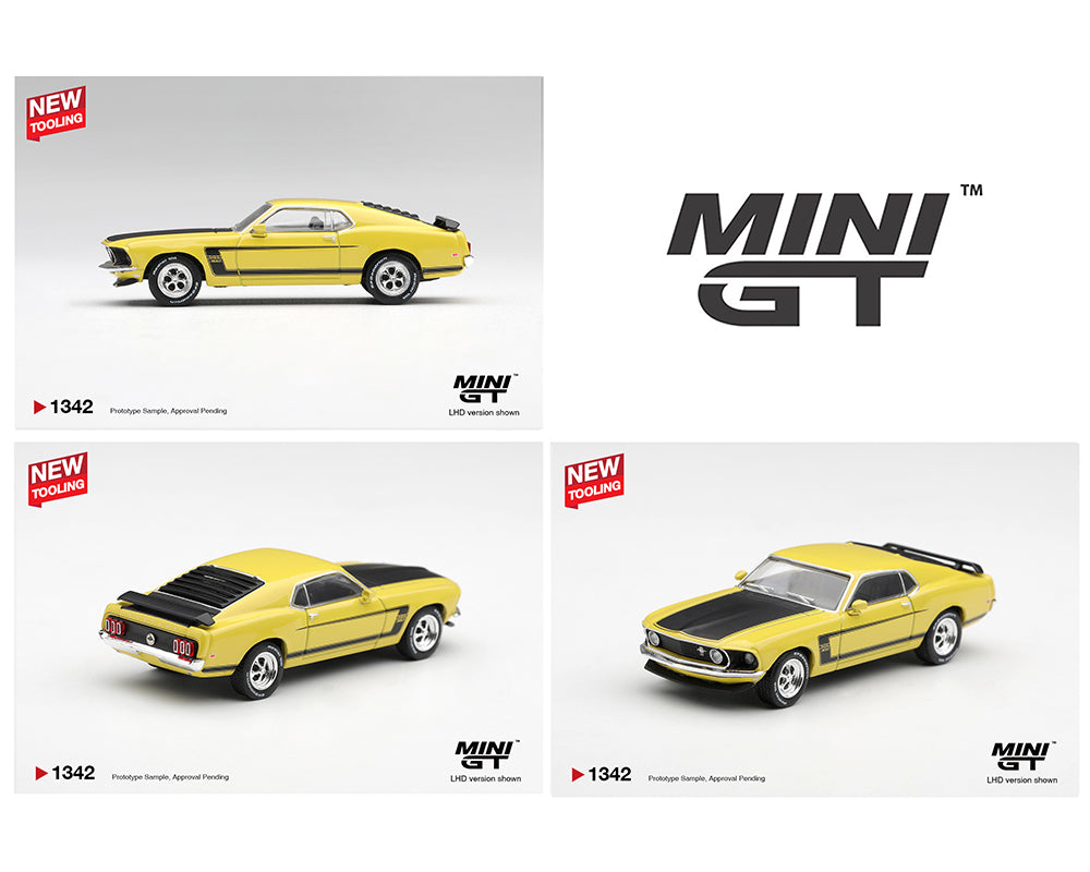 Próximo a llegar 🚗🔥 Mini GT 1:64 Ford Mustang Boss 302 1969 – Amarillo brillante –