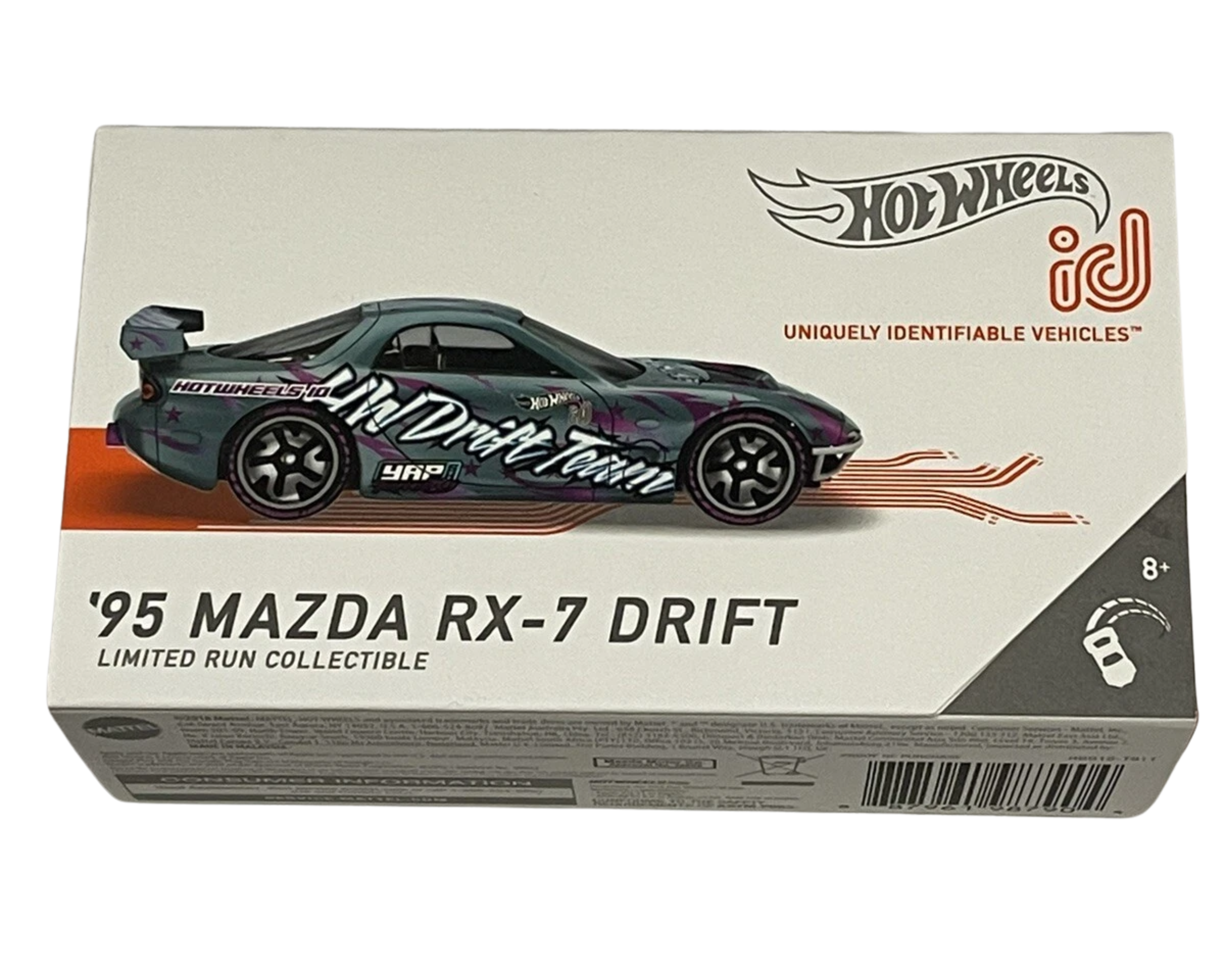 Hot Wheels id Mazda RX-7 Drift 1:64 con gráficos JDM estilo drift y diseño deportivo en caja de colección