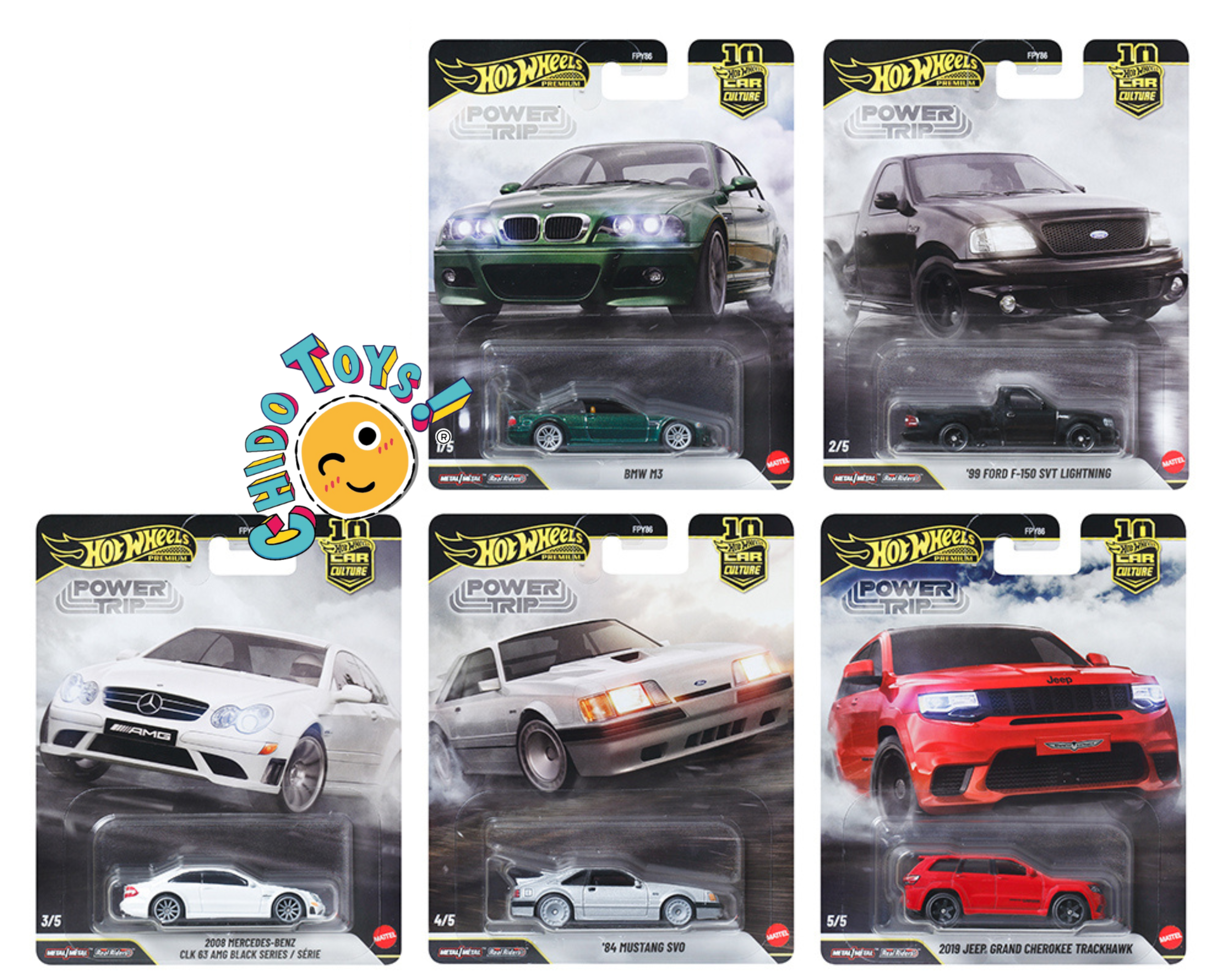 Set completo Hot Wheels Premium Power Trip con 5 modelos 1:64, metal/metal, llantas Real Riders y empaques originales.