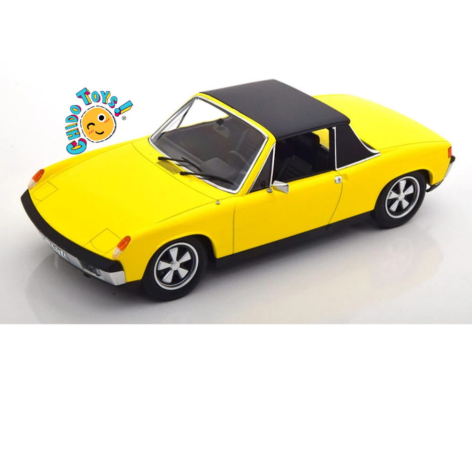 Norev VW-Porsche 914-6 1973 1:18 amarillo, techo Targa negro, carrocería diecast y rines clásicos de cinco brazos.