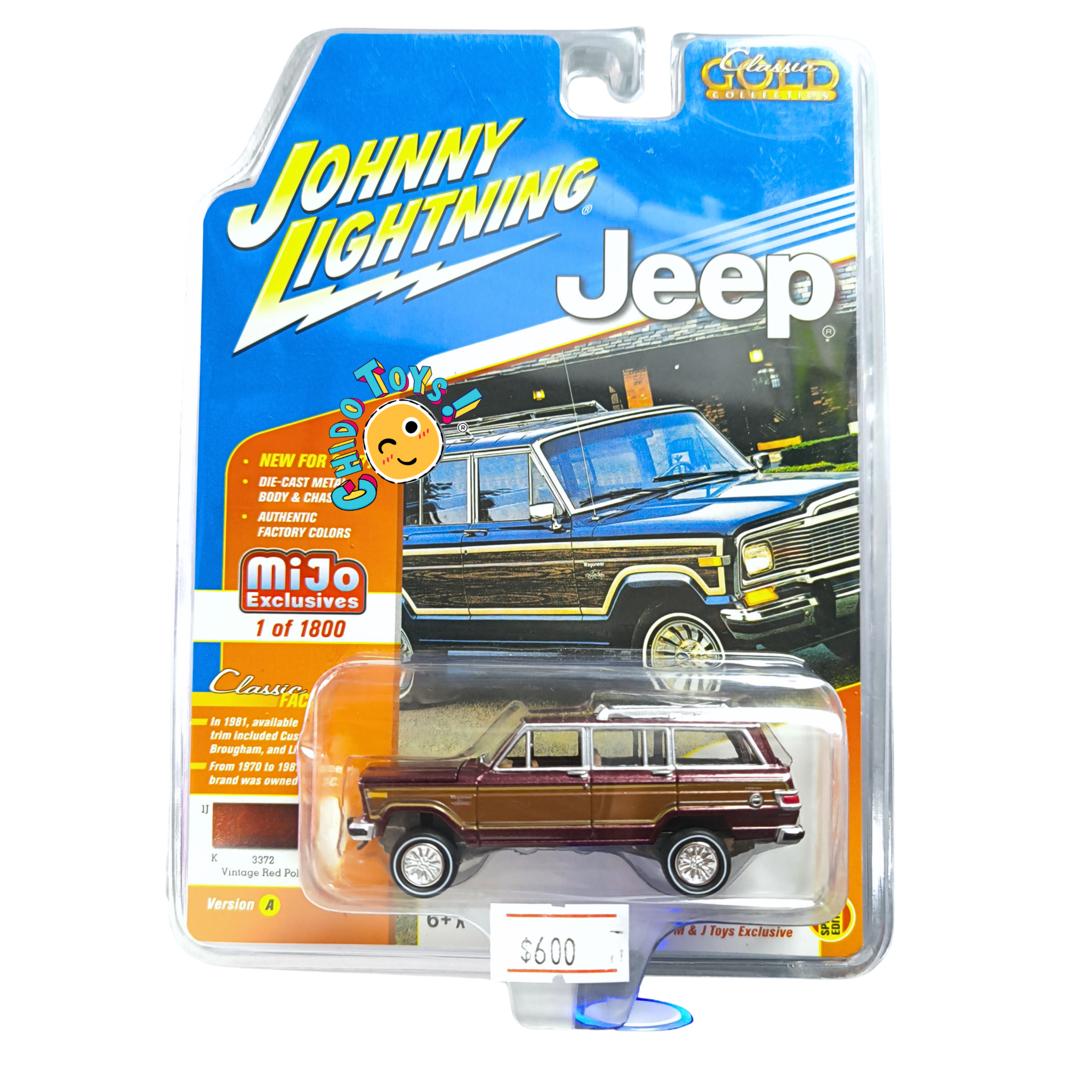 Johnny Lightning Jeep Wagoneer 1981 1:64 Vintage Red Poly, diecast con llantas de goma, panel madera y edición MiJo.