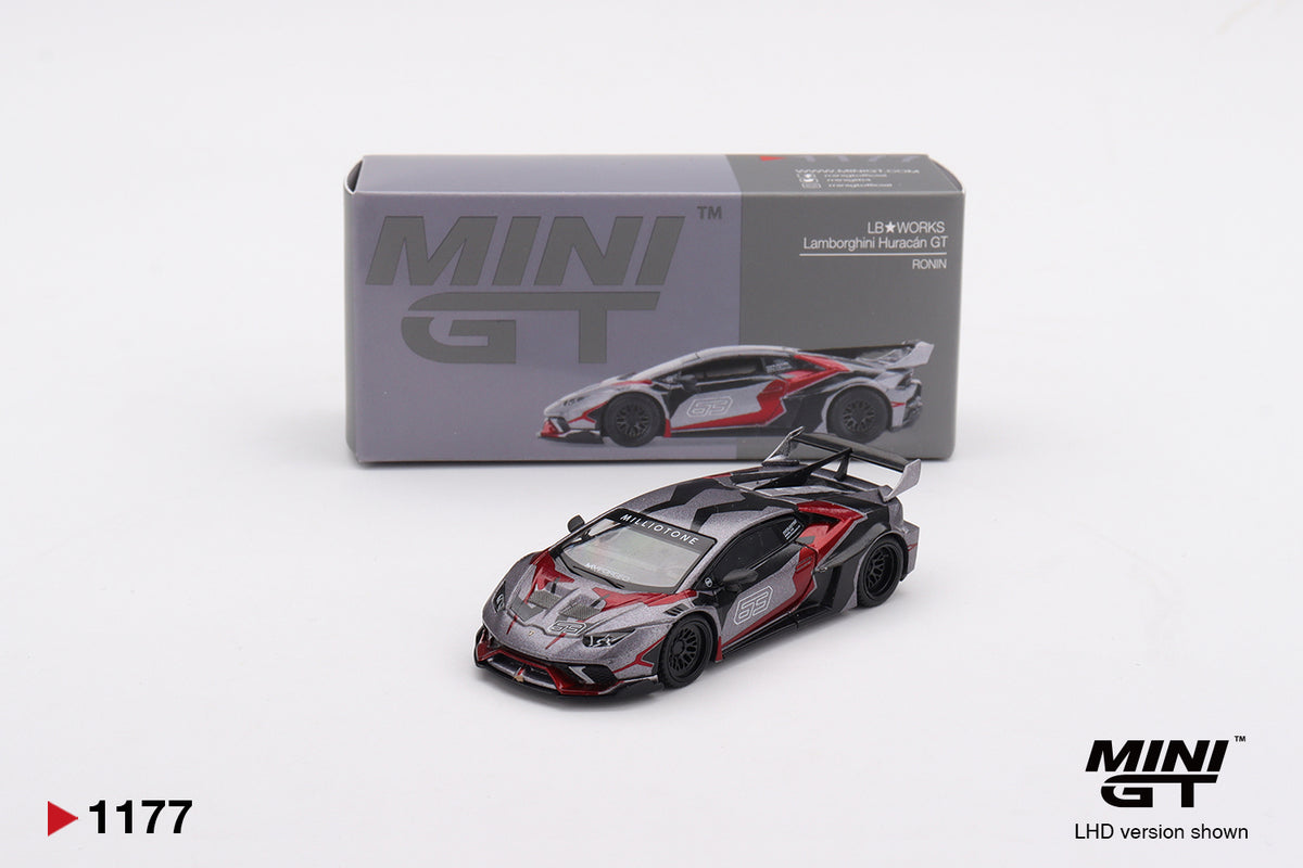 MINI GT LB★WORKS Lamborghini Huracán GT RONIN 1:64 gris y rojo