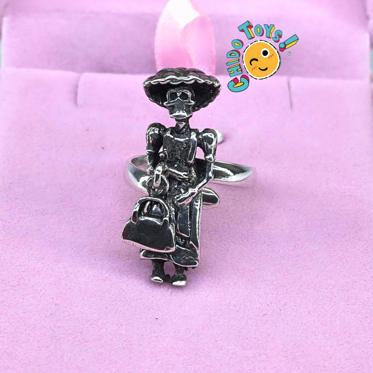 Anillo Catrina de Plata .925 con Acabado Pavonado – Hecho en México con Detalle Móvil - Chido Toys
