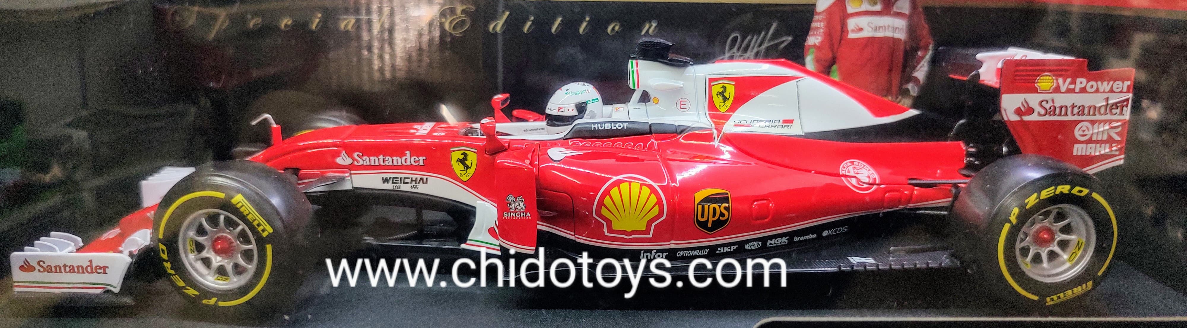 Auto a escala 1/18, Marca Bburago, Modelo Ferrari SF16 - H, S - Vettel, Edición Exclusiva - Chido Toys