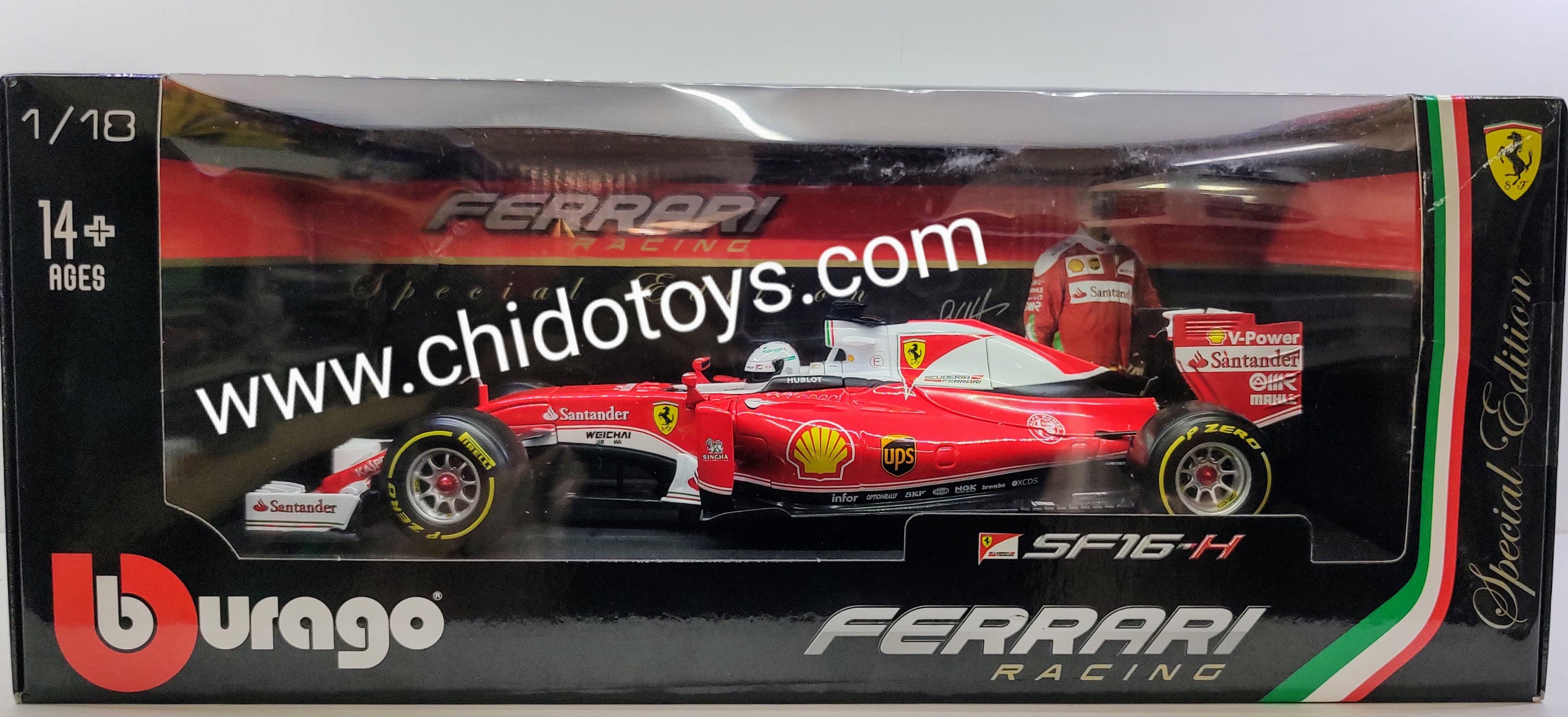 Auto a escala 1/18, Marca Bburago, Modelo Ferrari SF16 - H, S - Vettel, Edición Exclusiva - Chido Toys