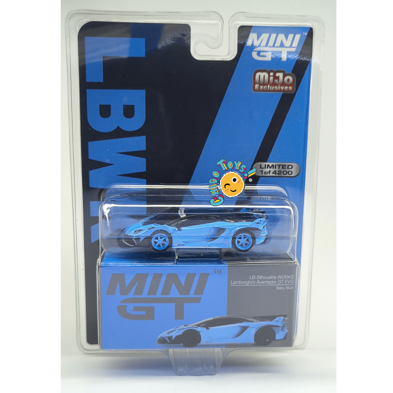 Auto a escala 1:64 MINI GT 494 LB - Silhouette Works Lamborghini Aventador GT EVO Baby Blue – Versión CHASE - Chido Toys