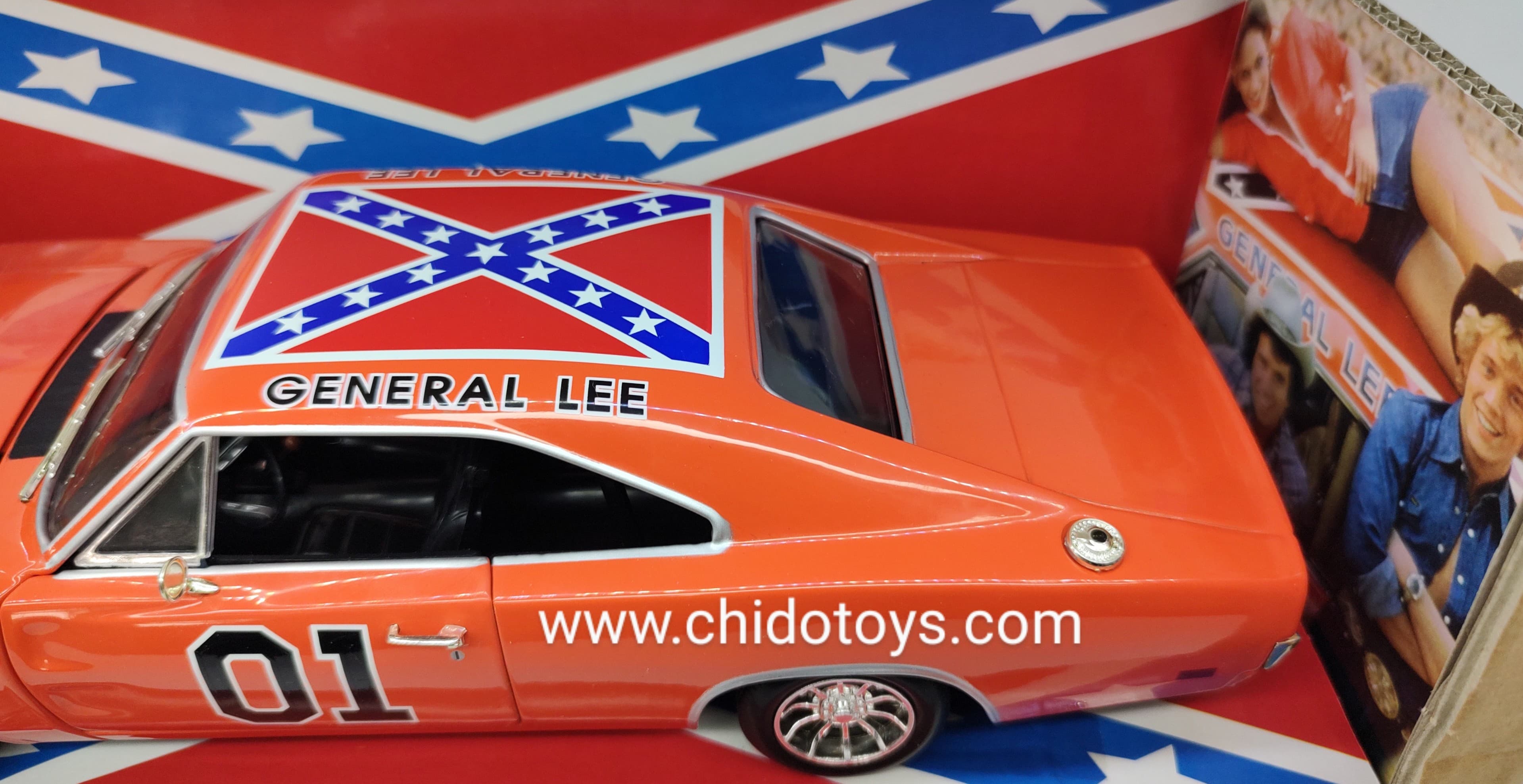 Auto a escala Marca American Muscle & ERTL Modelo Charger 1969 General Lee Dukes of Hazzard - Chido Toys