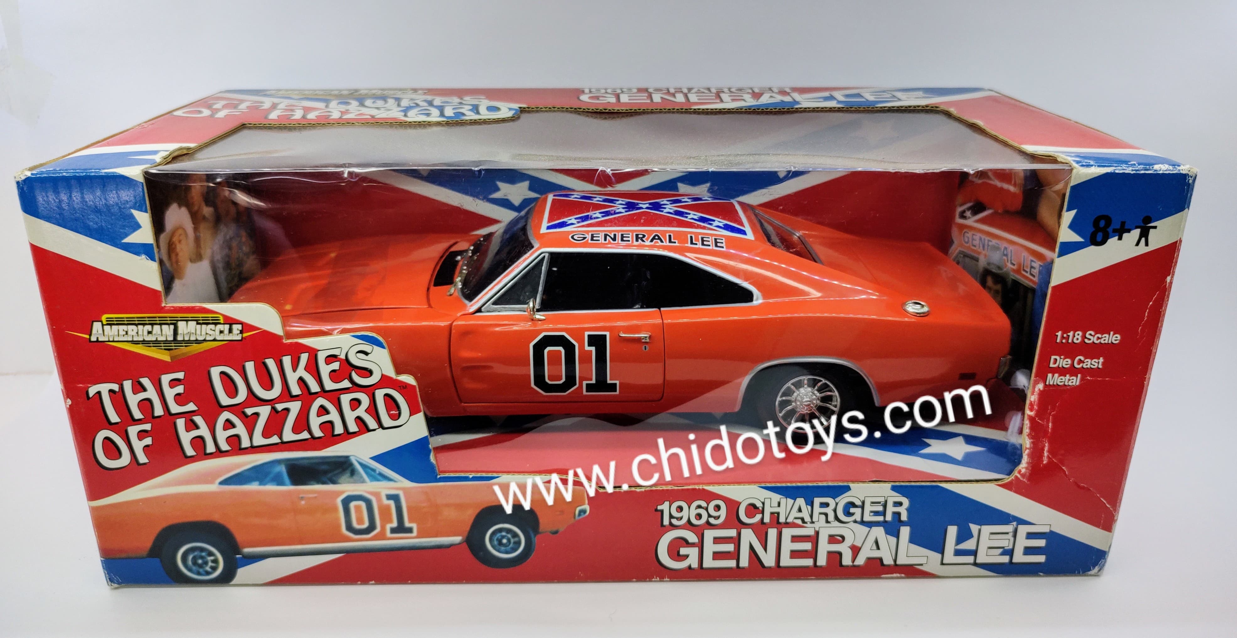 Auto a escala Marca American Muscle & ERTL Modelo Charger 1969 General Lee Dukes of Hazzard - Chido Toys