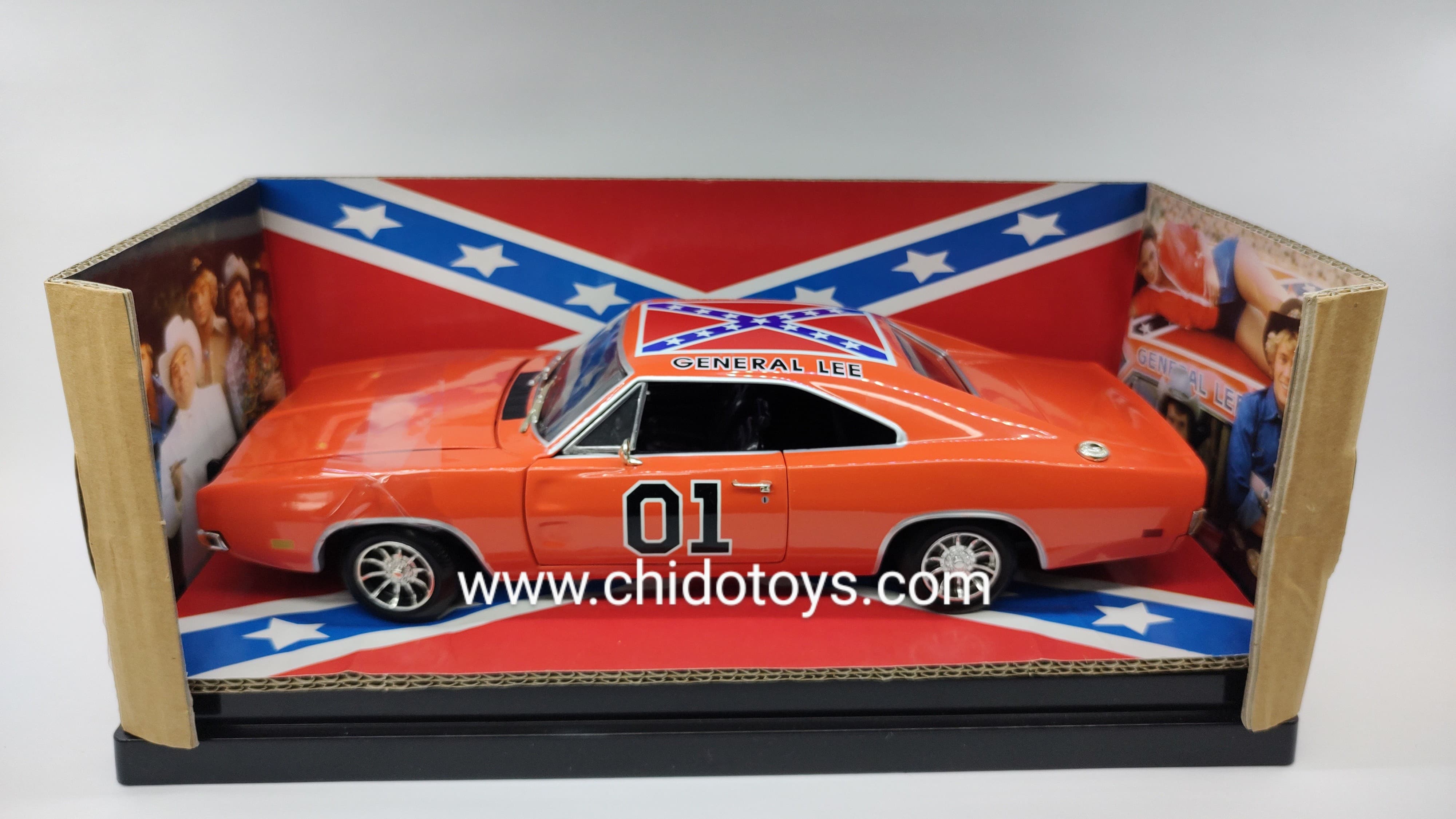 Auto a escala Marca American Muscle & ERTL Modelo Charger 1969 General Lee Dukes of Hazzard - Chido Toys