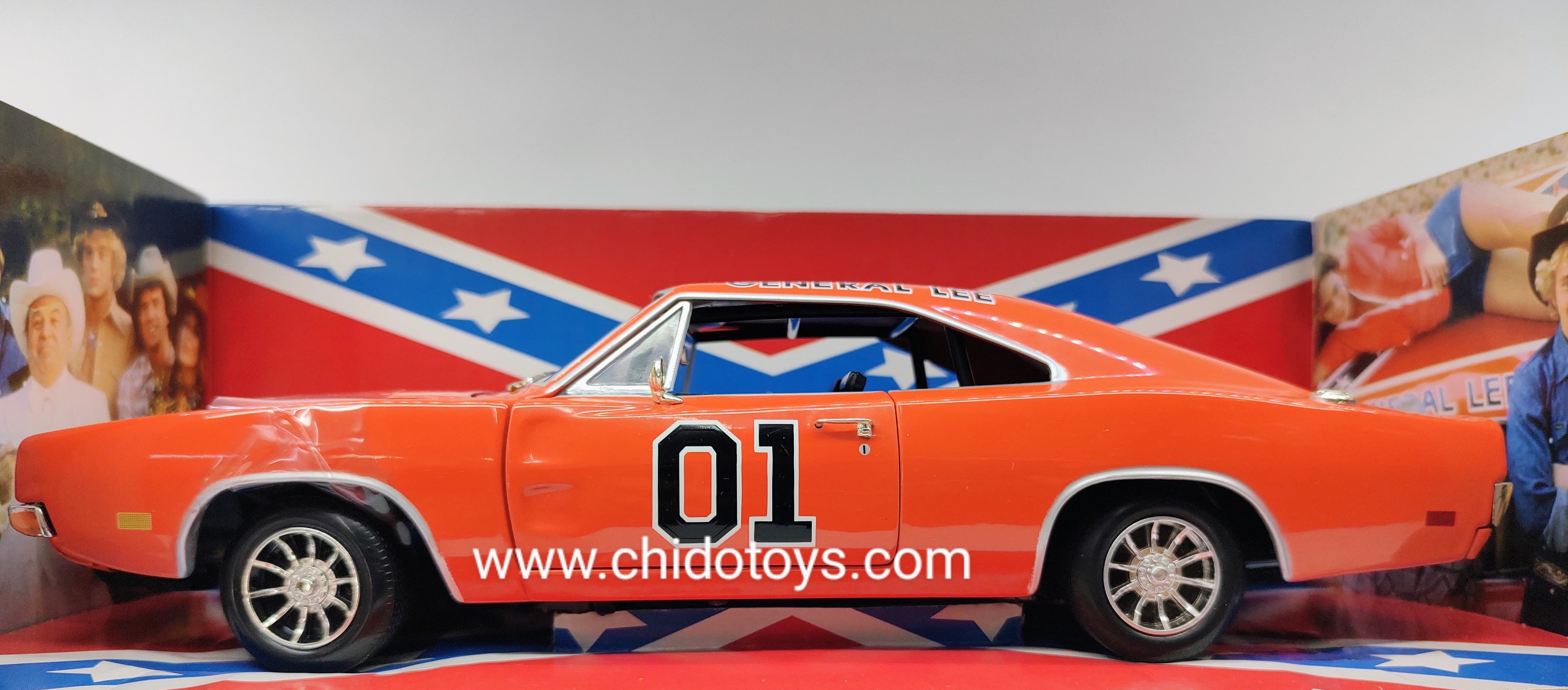 Auto a escala Marca American Muscle & ERTL Modelo Charger 1969 General Lee Dukes of Hazzard - Chido Toys