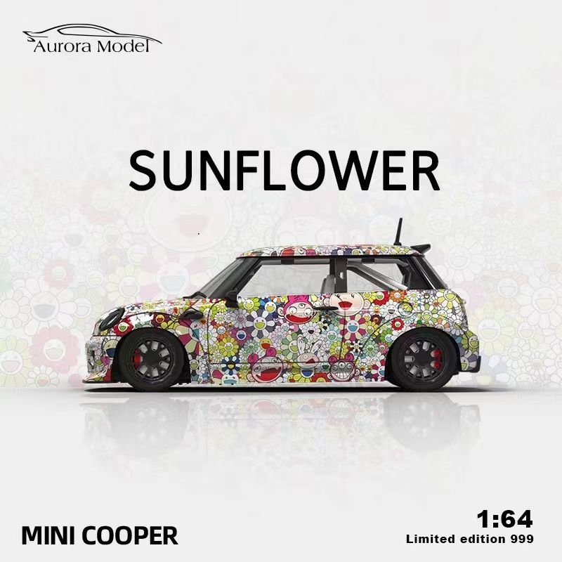 Aurora Model Mini Cooper LBWK Sunflower 1:64 multicolor con gráficos florales, llantas de goma y capelo con base