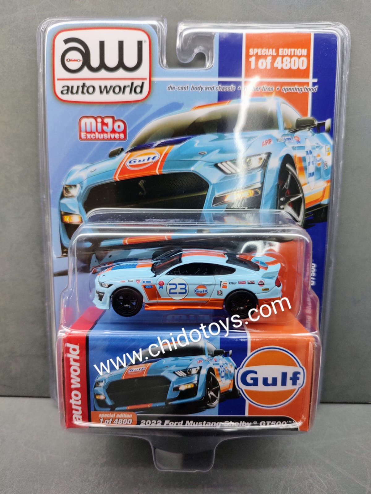 Auto a escala marca Auto World, Modelo Ford Mustang Shelby GT500, 2022, GULF Limited 4,800 piezas - Chido Toys