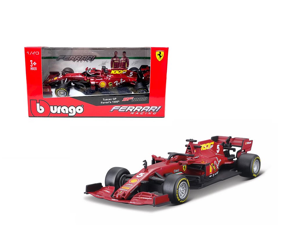 Auto a escala marca Bburago Ferrari SF1000 #5 Sebastian Vettel Toscana GP Formula One F1 (2020) "Ferrari 1000 Carreras" - Chido Toys
