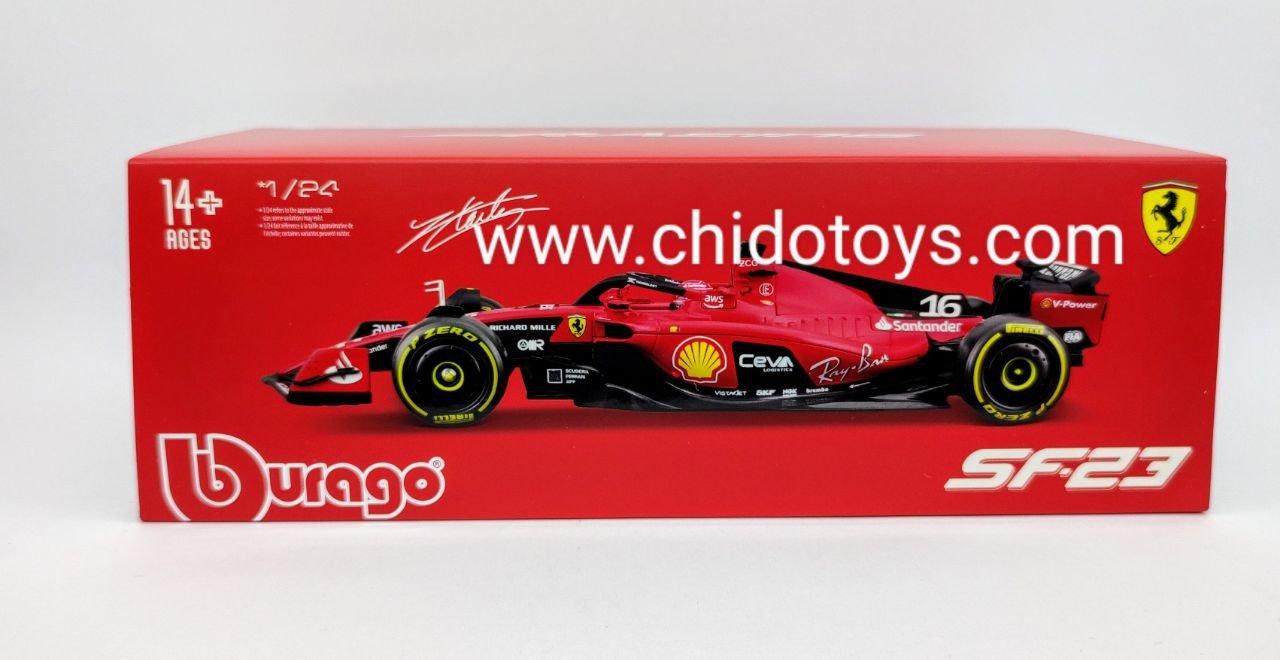 Auto a escala marca Bburago, Modelo F1 #16, SF23 Charles Leclerc - Chido Toys