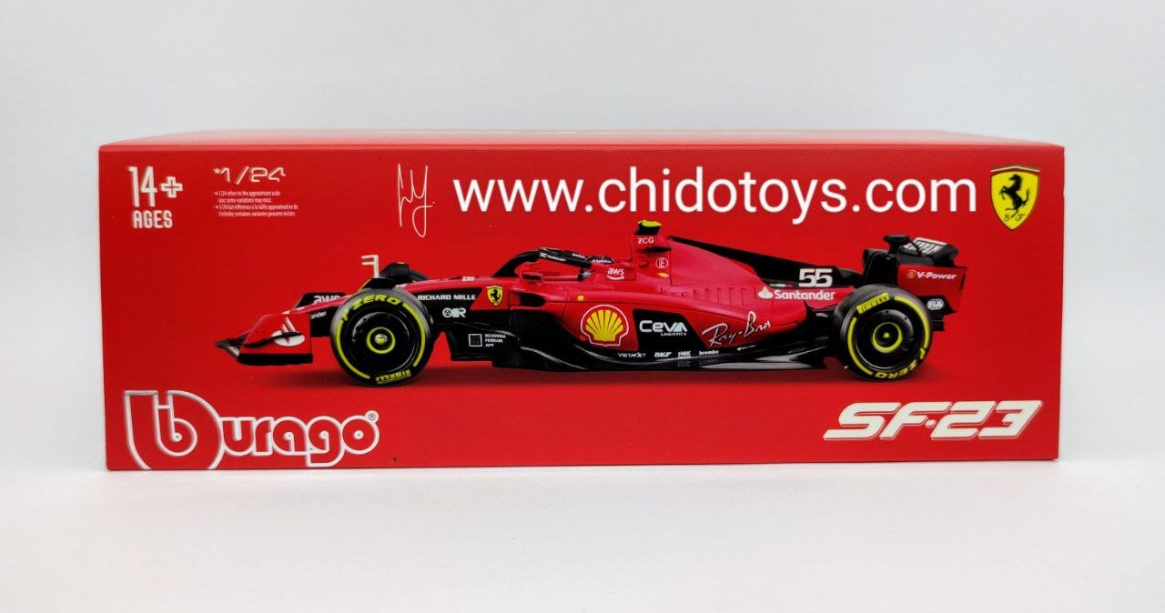 Auto a escala marca Bburago, Modelo F1 #55, SF23 Carlos Sainz - Chido Toys