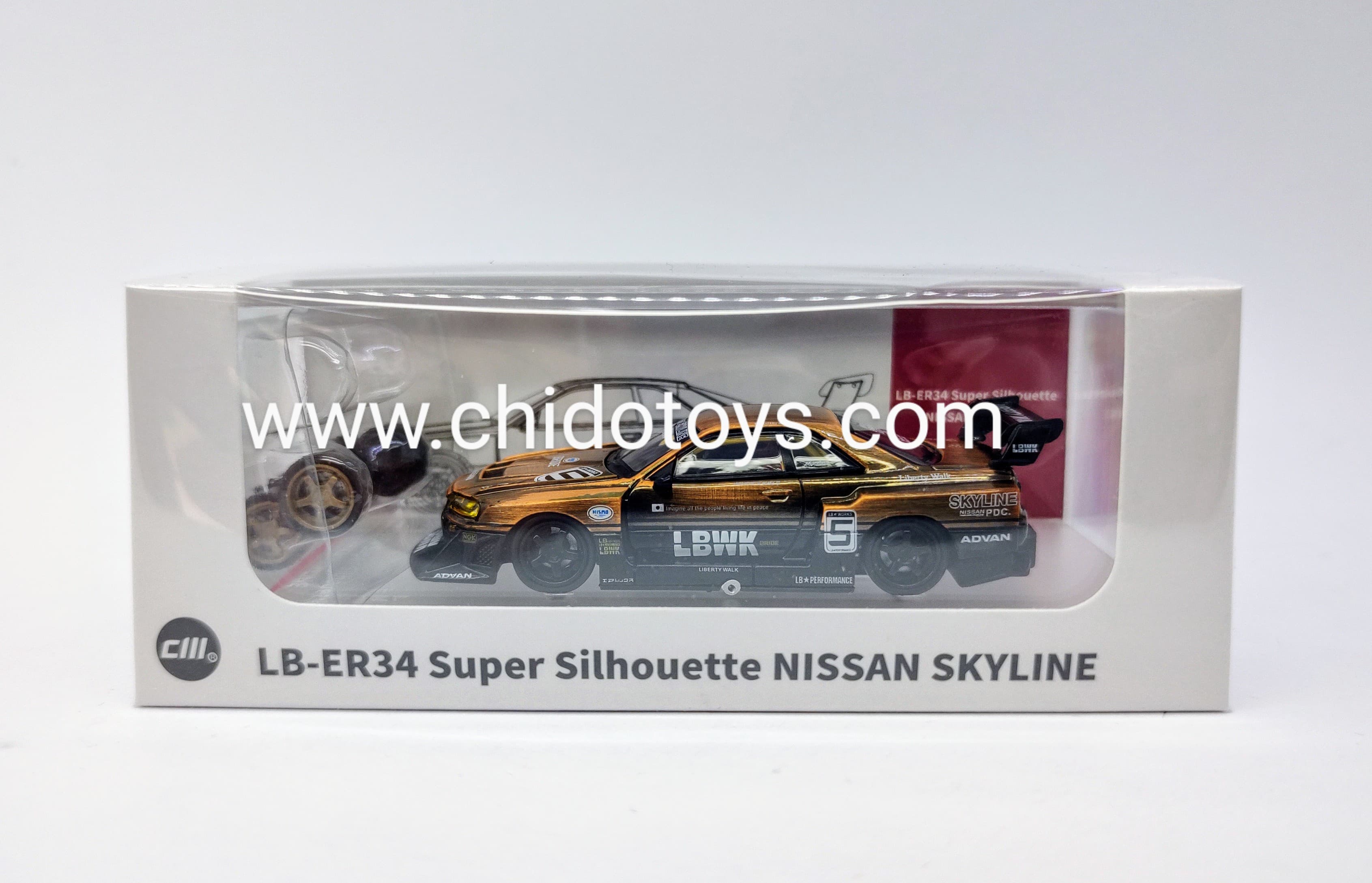 Auto a escala marca CM Model, Modelo LB - ER34 Super Silhouette Nissan Skyline Bronze - Chido Toys