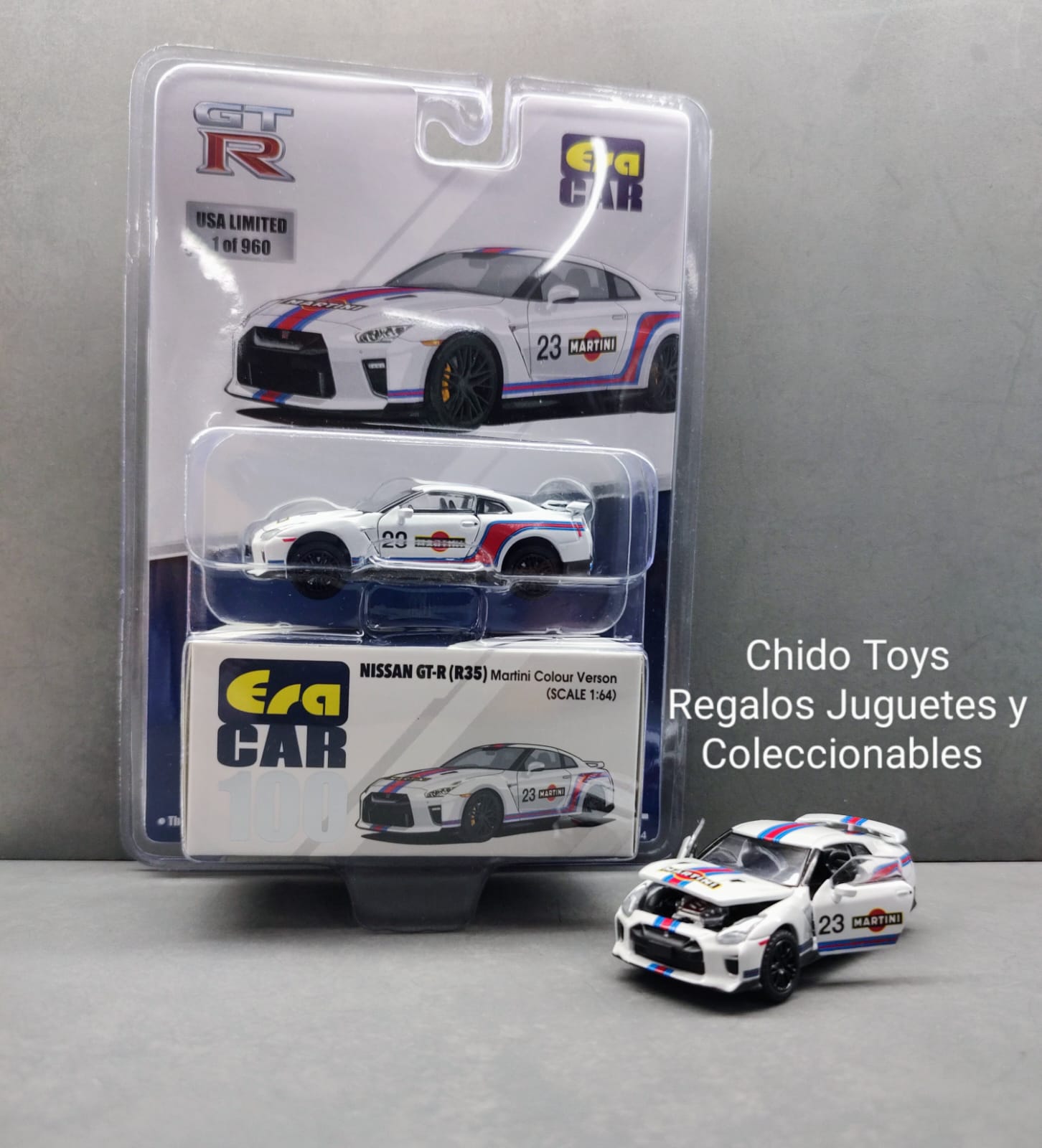Auto a escala marca Era Car, Modelo Nissan GT - R R35 Martini 23 - Chido Toys