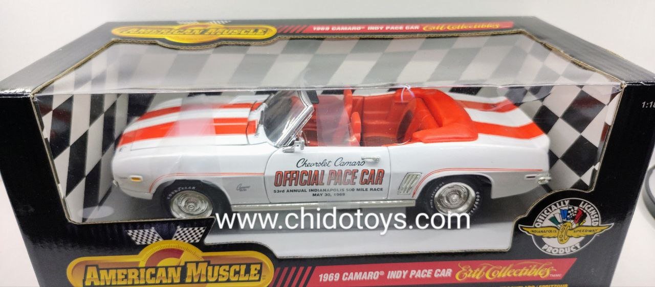 Auto a escala marca ERTL "AMERICAN MUSCLE", Modelo Camaro 1969 Indy Pace Car - Chido Toys