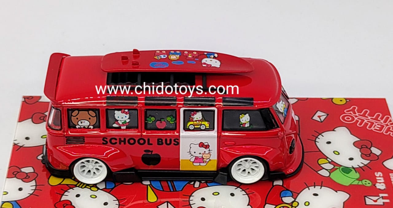 Auto a escala marca Flame Model, Modelo T1 SCHOOL BUS Rojo/blanco Wide Body Modified - Chido Toys