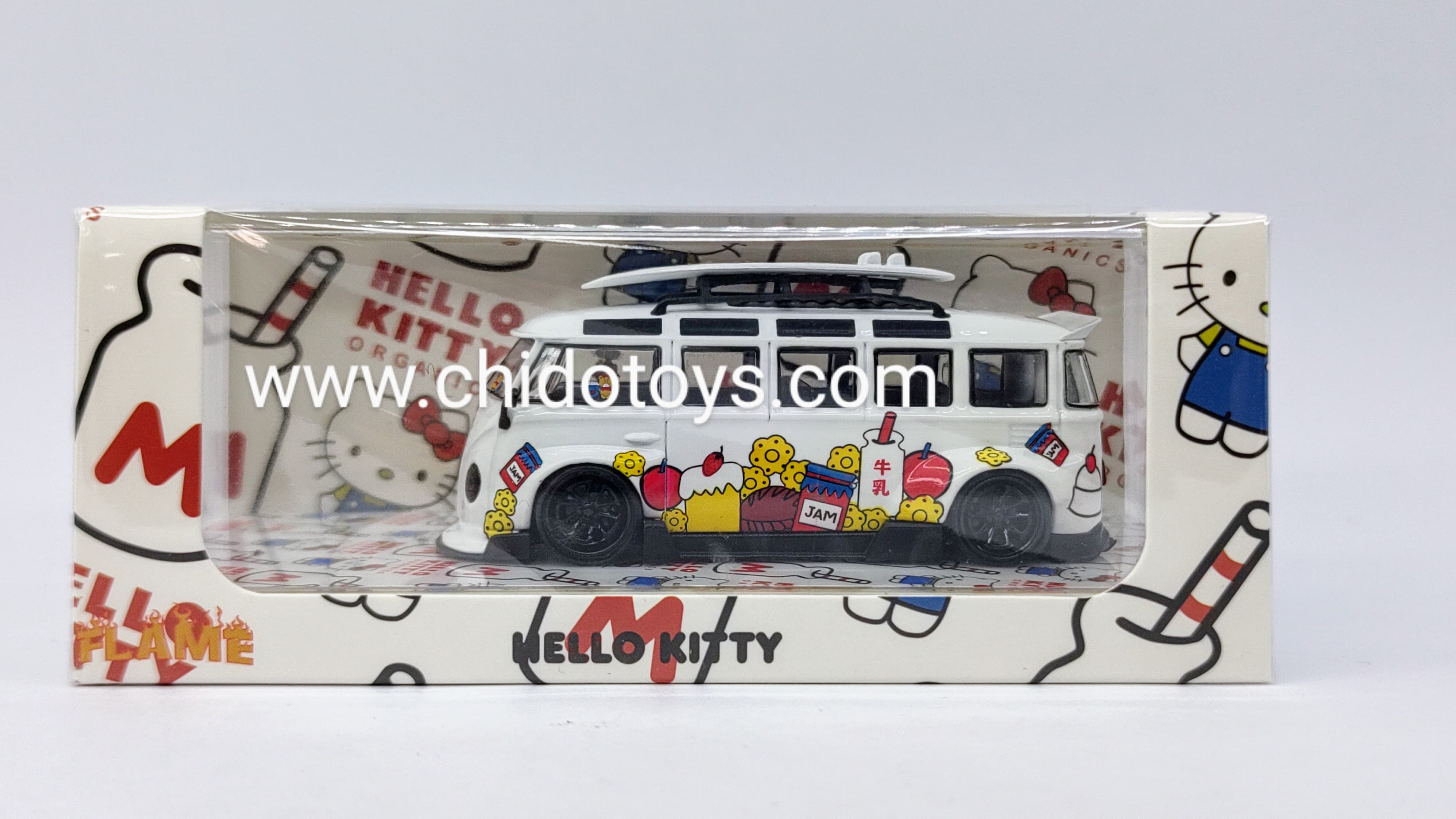 Auto a escala marca Flame Model, Modelo T1 SCHOOL BUS Rojo/blanco Wide Body Modified - Chido Toys