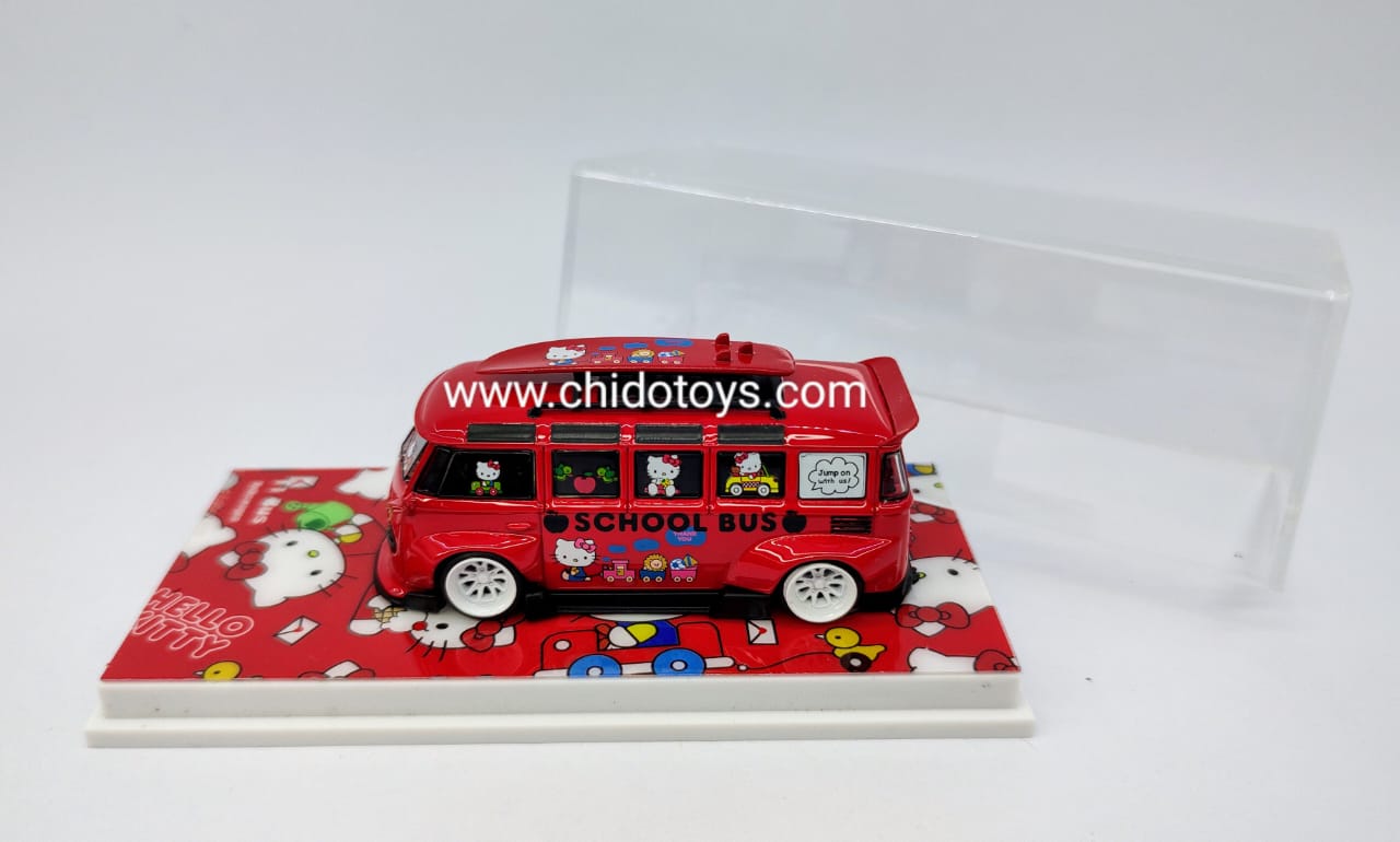 Auto a escala marca Flame Model, Modelo T1 SCHOOL BUS Rojo/blanco Wide Body Modified - Chido Toys