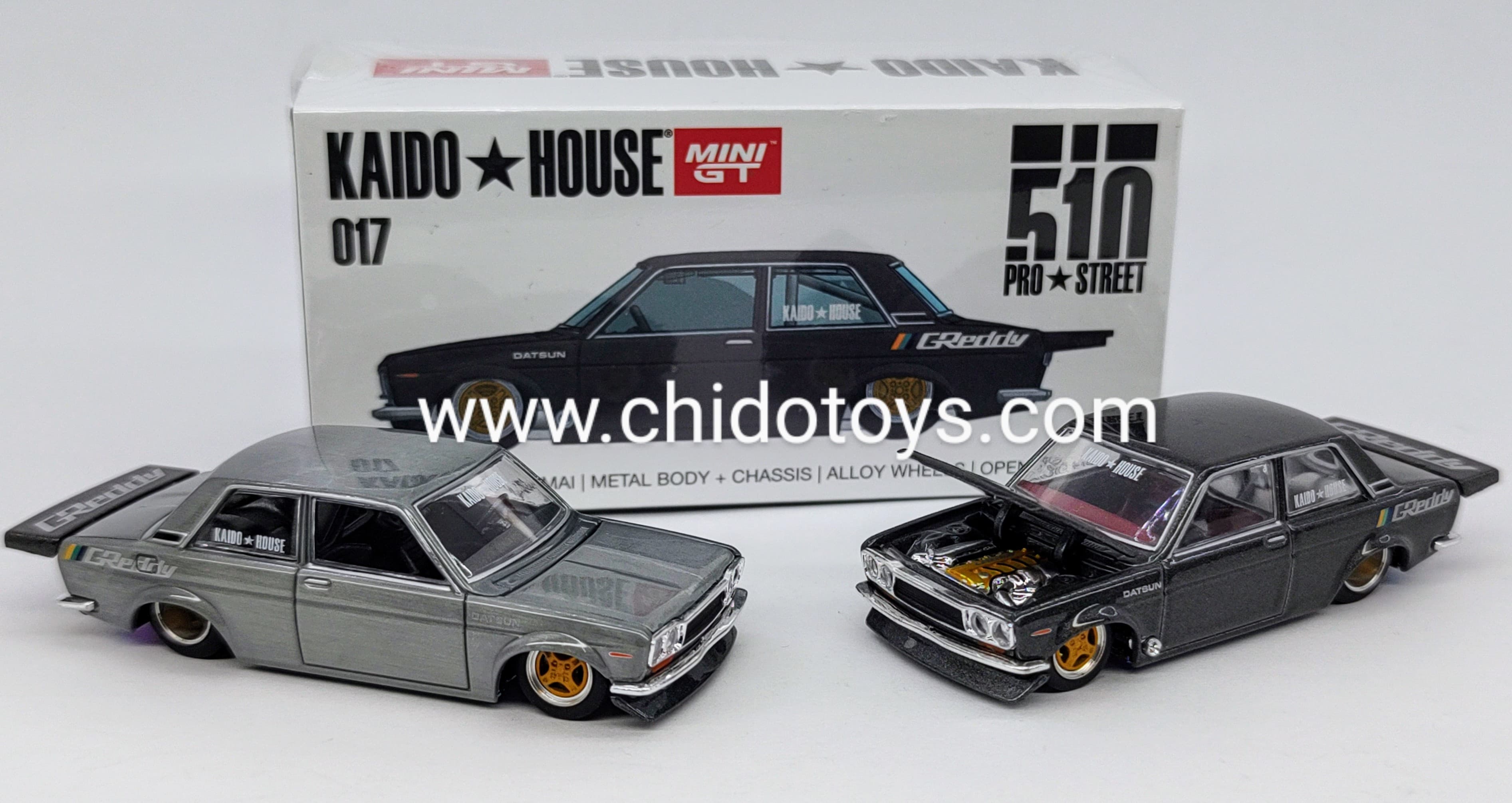 Auto a escala marca Kaido House, CHASE Datsun 510 Pro Street (Gris) - Chido Toys