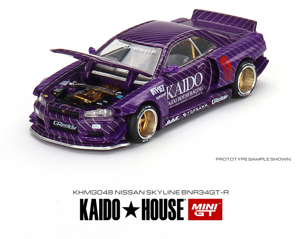 Nissan Skyline GT-R R34 Kaido House Purple Spiderweb Mini GT vista frontal