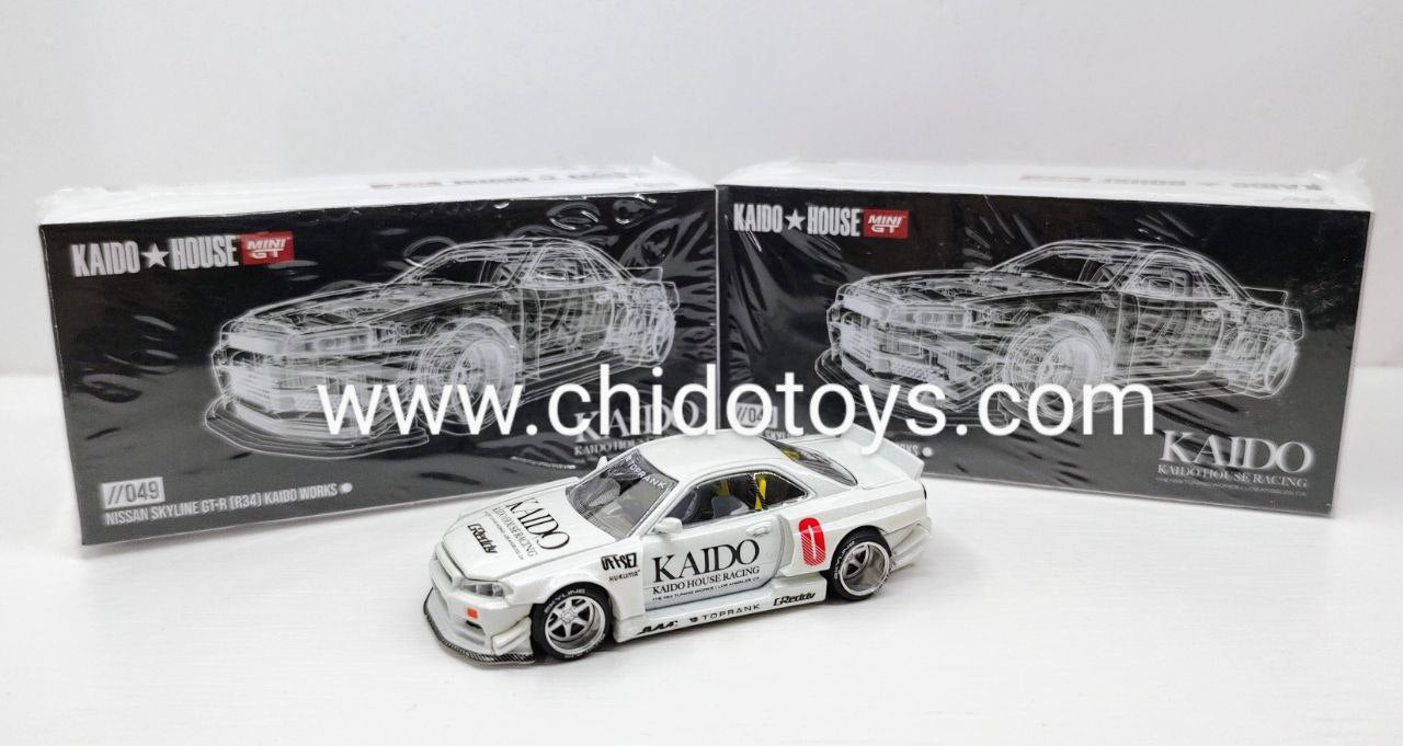 Nissan Skyline GT-R R34 Kaido House 049 Blanco Perlado – Mini GT