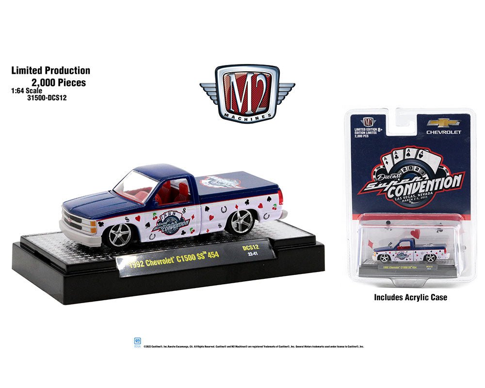 Auto a escala marca M2 Machines Pieza exclusiva de la Cena de la Supercon 2023, Chevrolet 454SS Pickup 1993 Edición limitada - Chido Toys