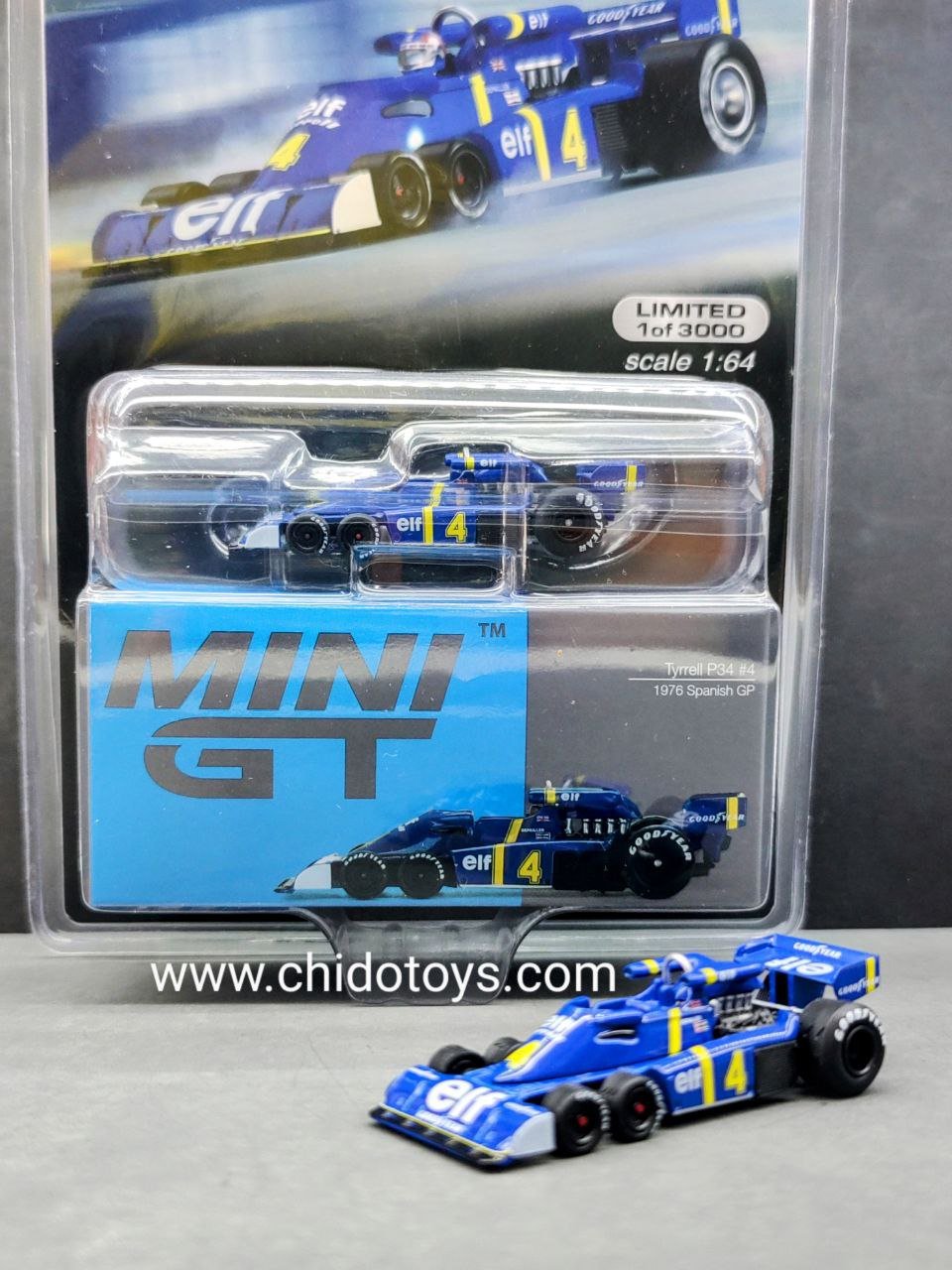 Auto a escala marca Mini GT, Gran Premio 1976 Tyrrell P34 #4 GP de España - Chido Toys