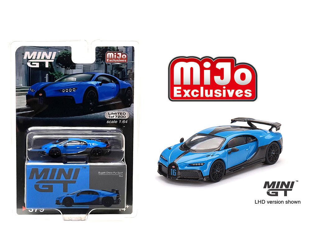 Auto a escala marca Mini GT, modelo Bugatti Chiron Pur Sport Blue Edición Limitada - Chido Toys