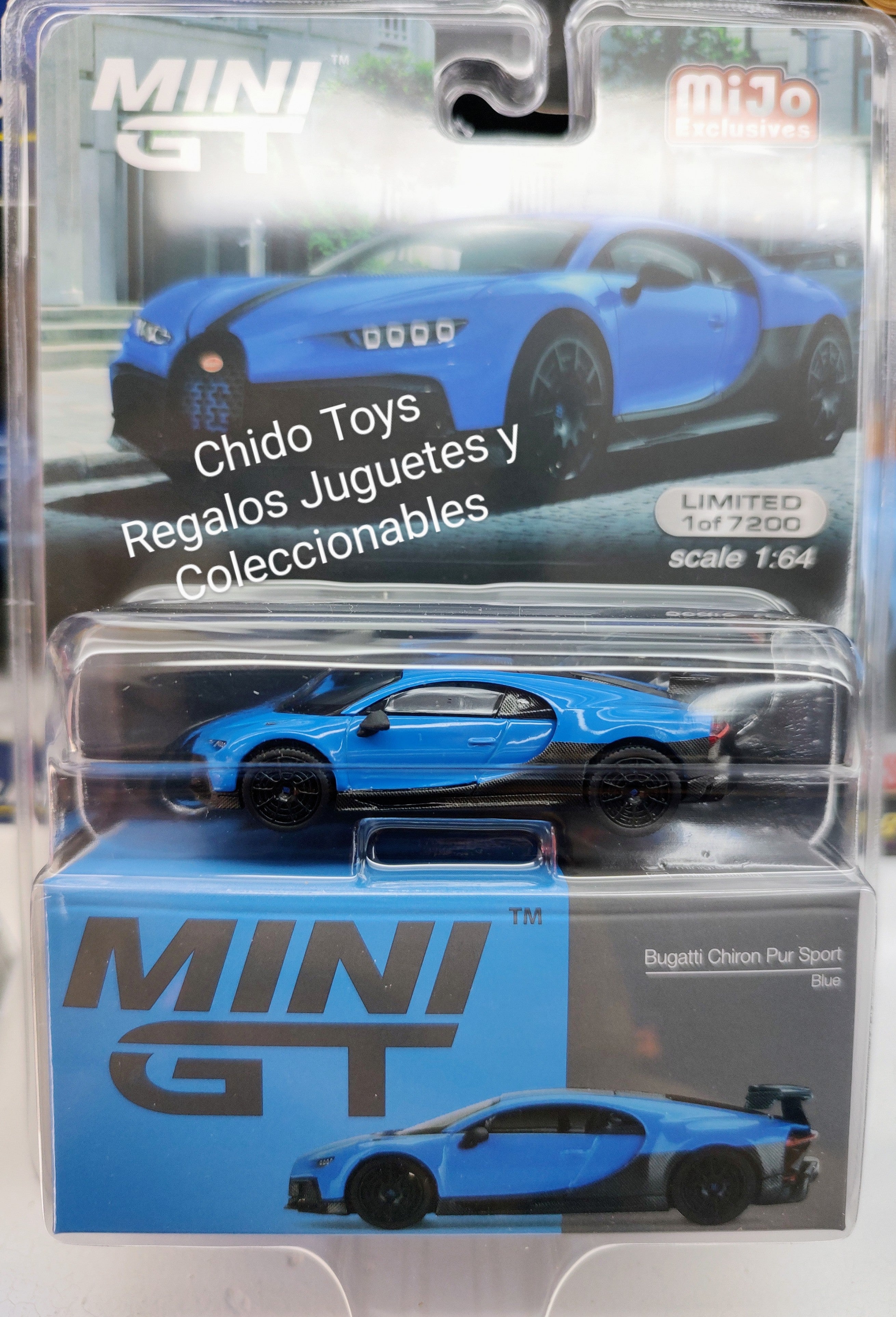 Auto a escala marca Mini GT, modelo Bugatti Chiron Pur Sport Blue Edición Limitada - Chido Toys