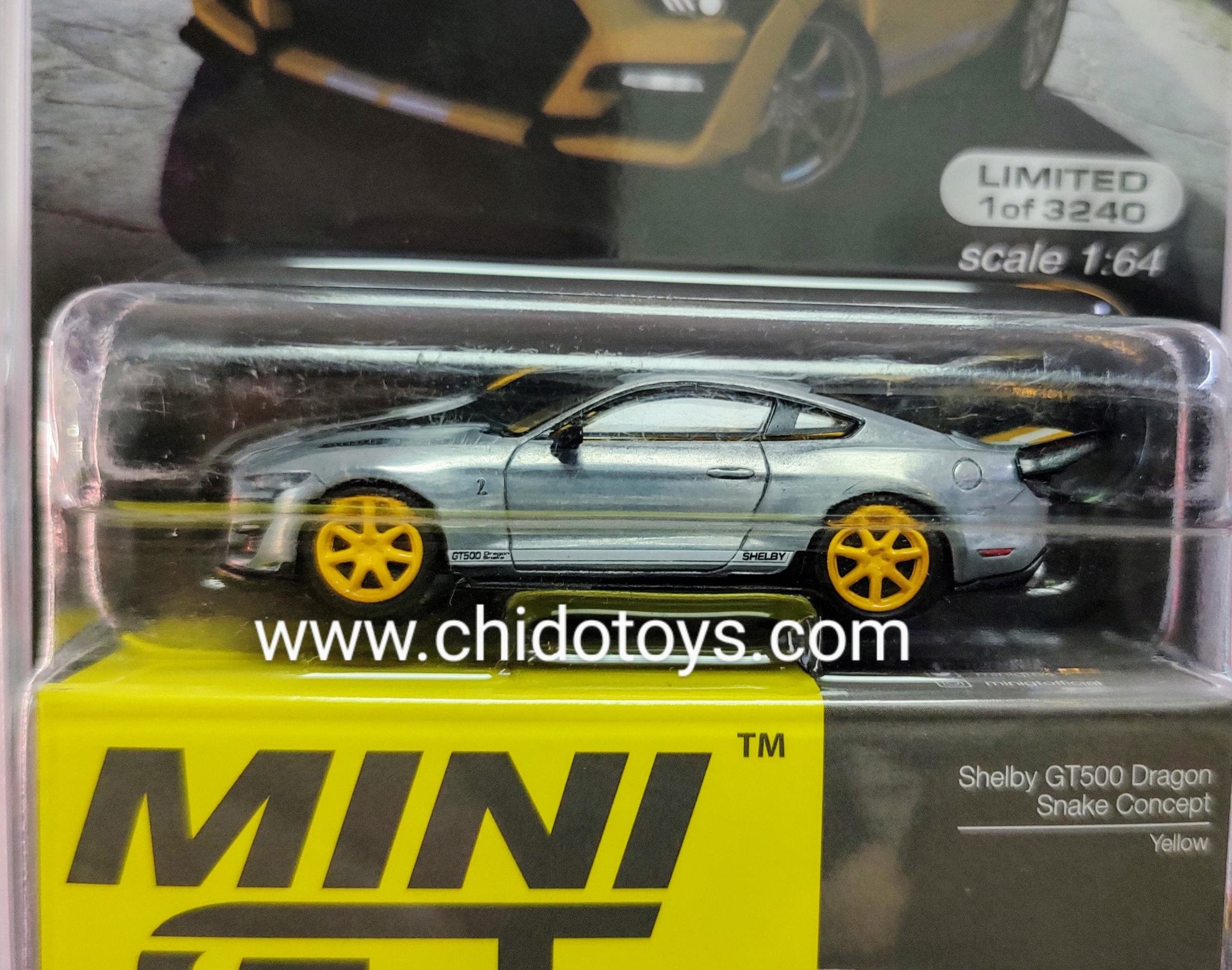 Auto a escala marca Mini GT, Modelo Chase Shelby GT 500 Dragon Snake Concept - Chido Toys